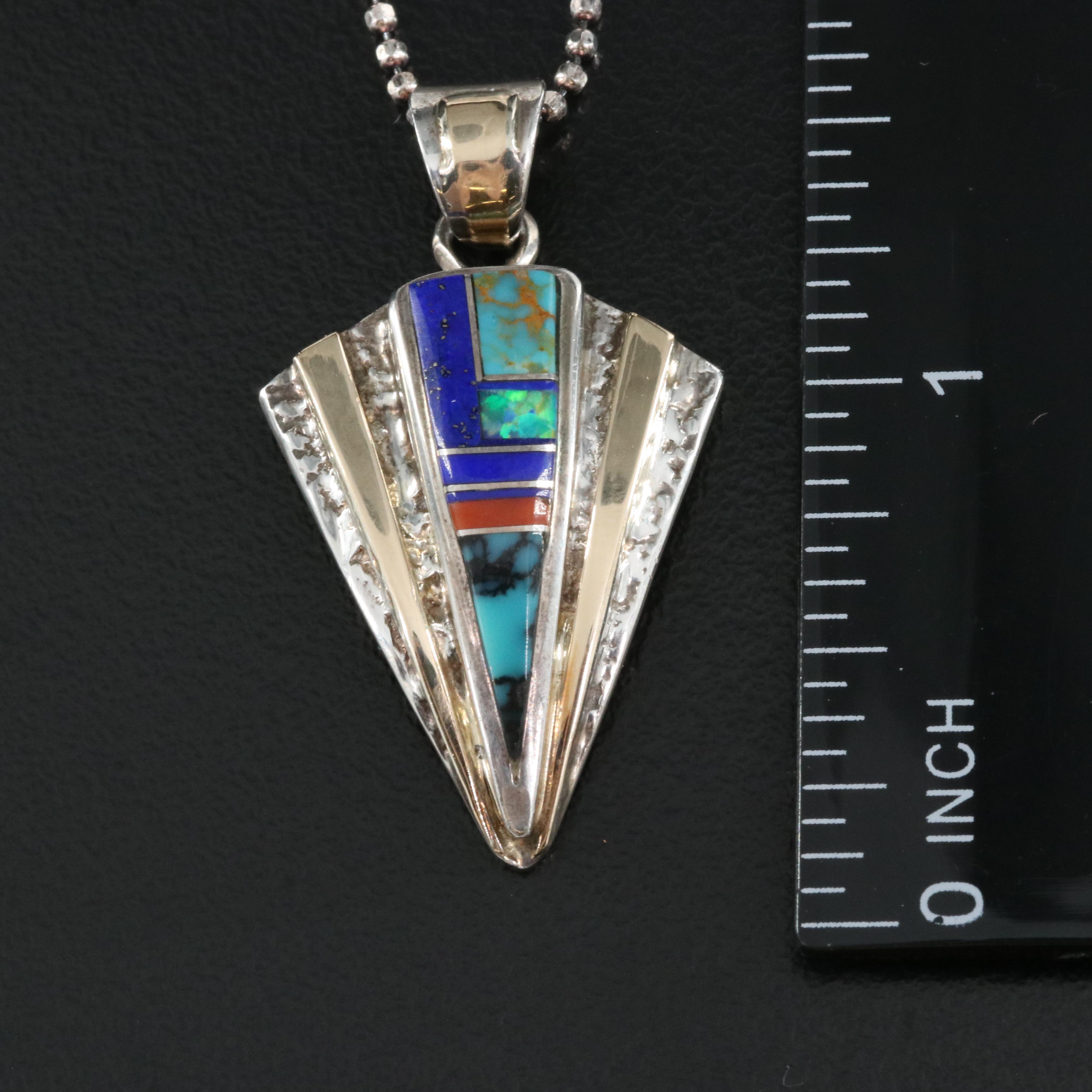 Southwestern Signed Sterling Pendant Necklace Including Lapis Lazuli and Coral