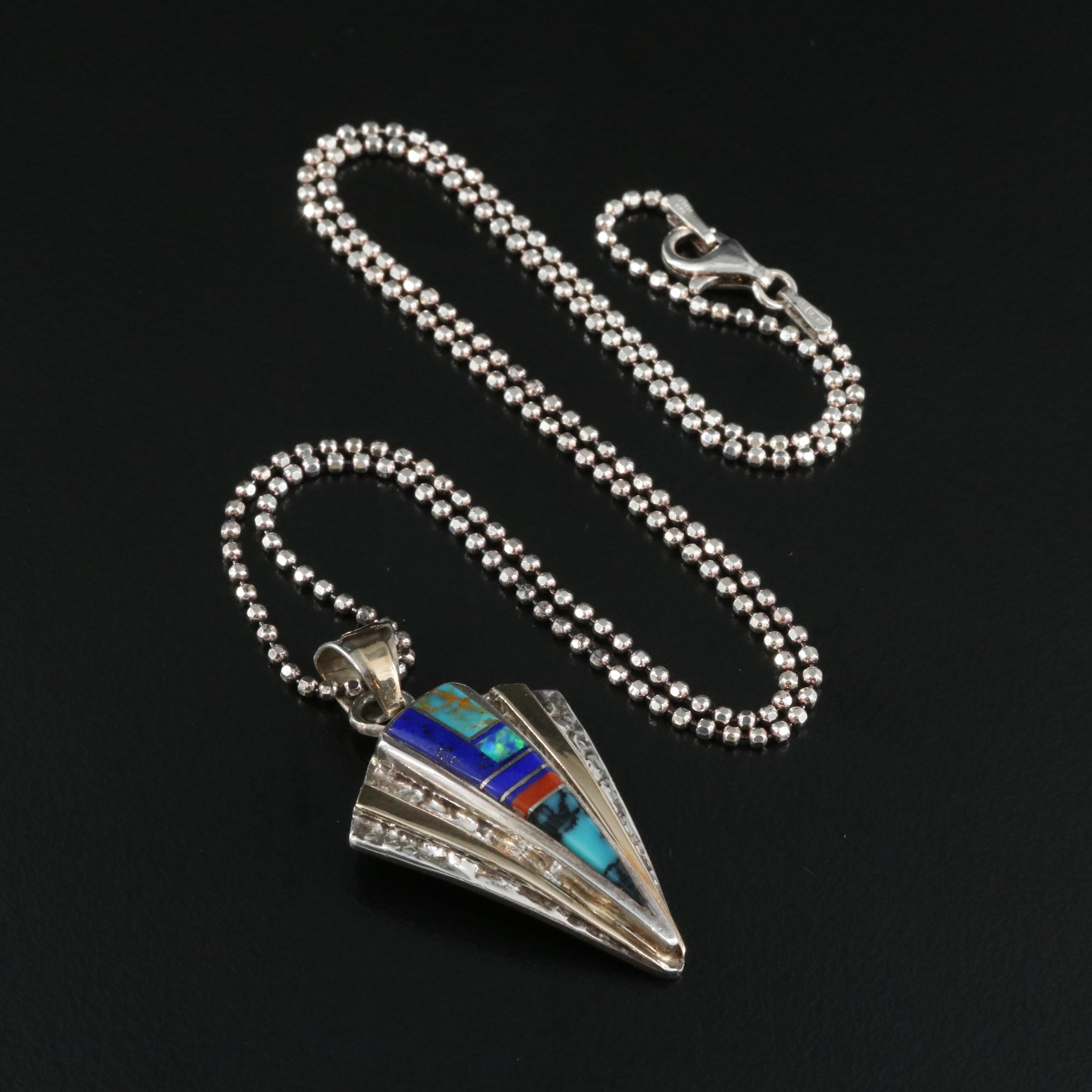 Southwestern Signed Sterling Pendant Necklace Including Lapis Lazuli and Coral