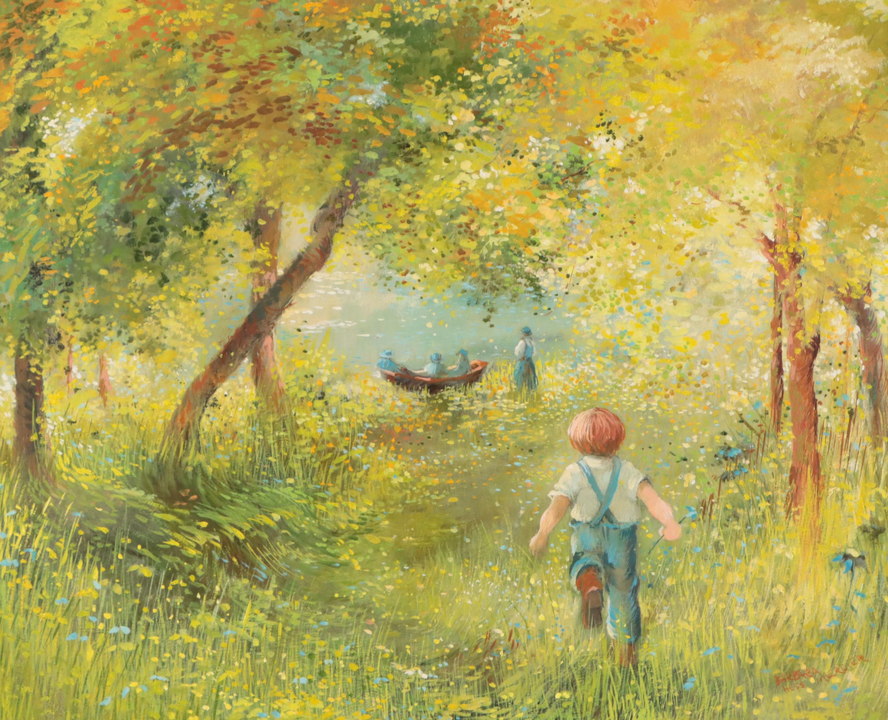 Barbara Hess Mercier Oil Painting of Child Frolicking Through the Forest