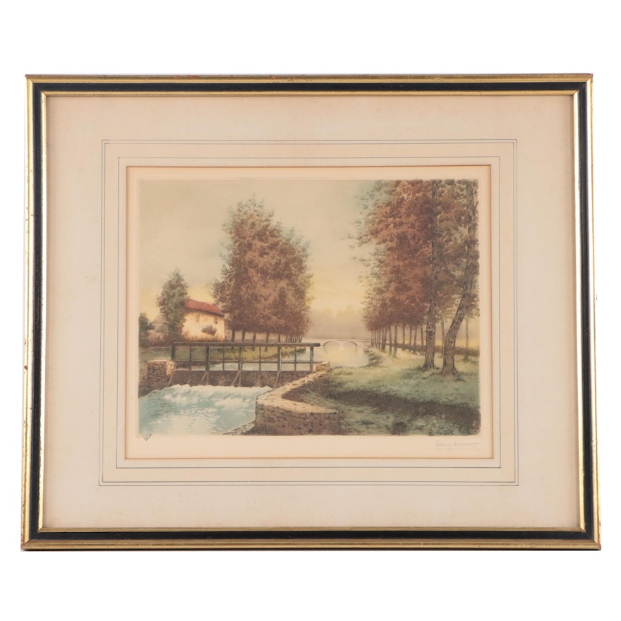 Henry Dupont Color Etching With Aquatint of Cottage Near a River