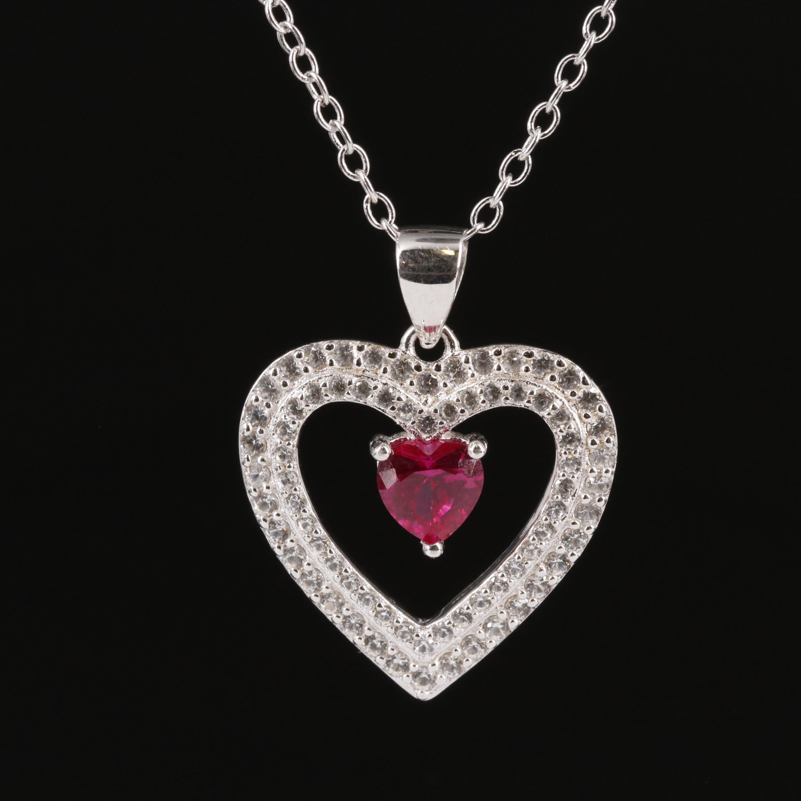 Sterling Ruby and White Sapphire Heart Pendant Necklace