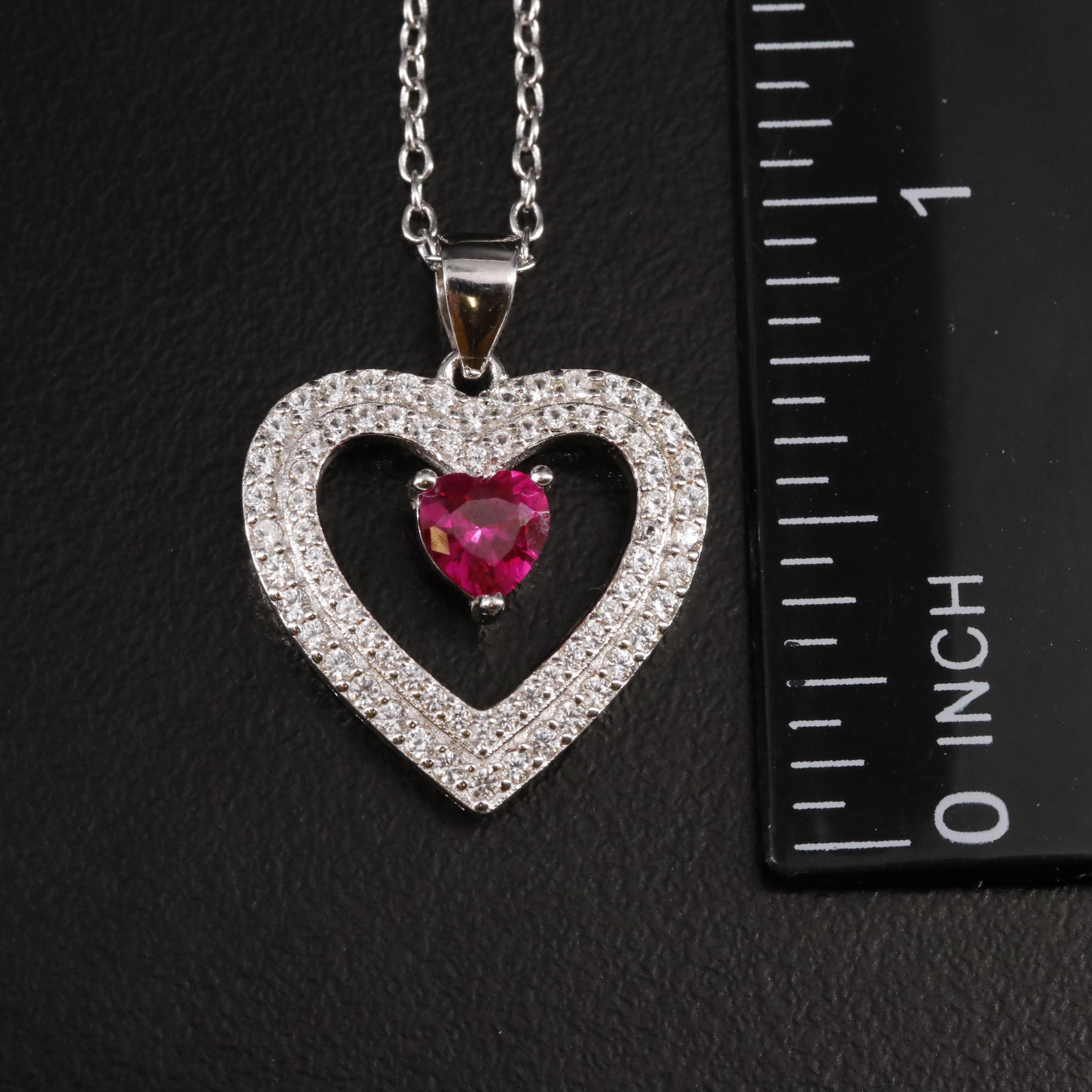 Sterling Ruby and White Sapphire Heart Pendant Necklace