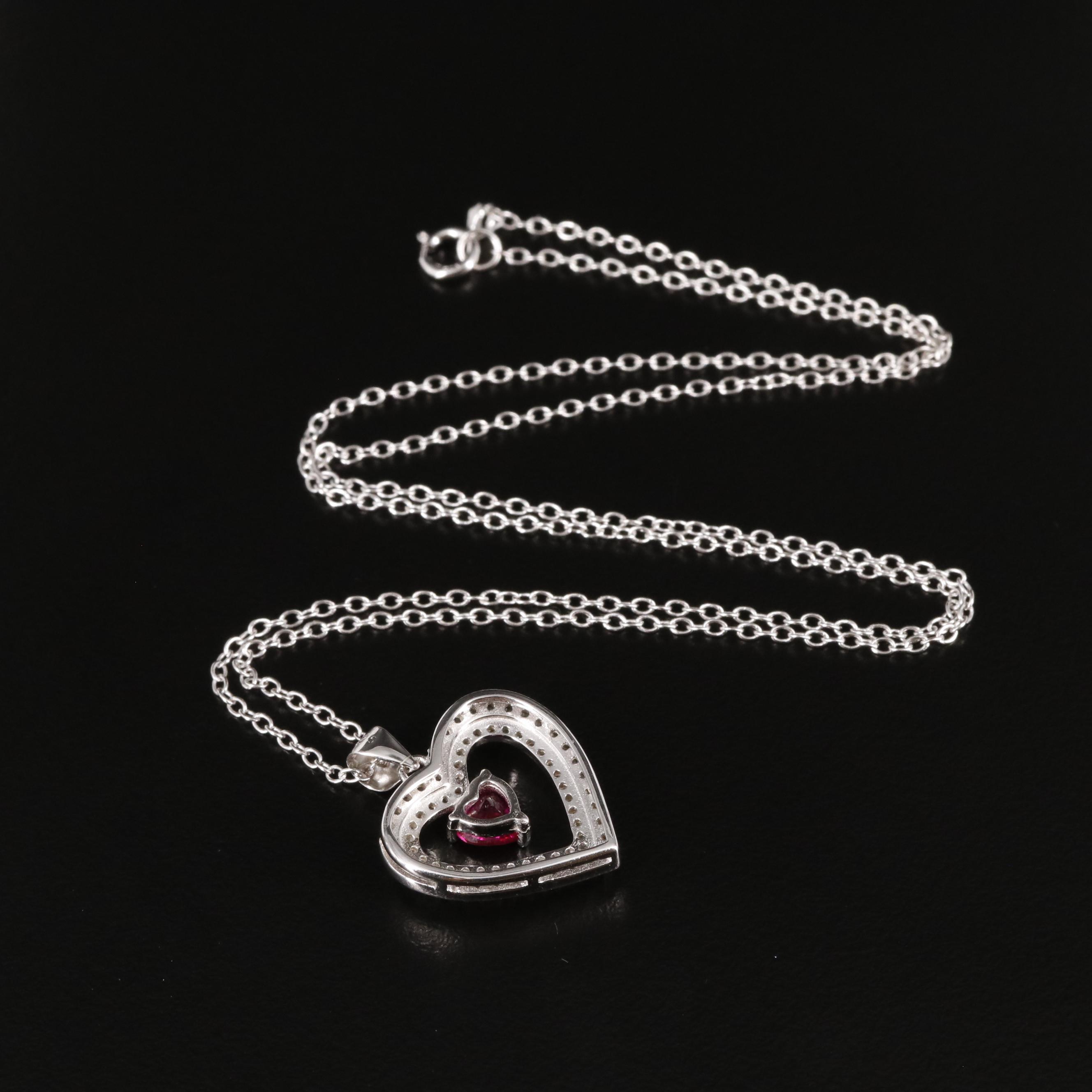 Sterling Ruby and White Sapphire Heart Pendant Necklace
