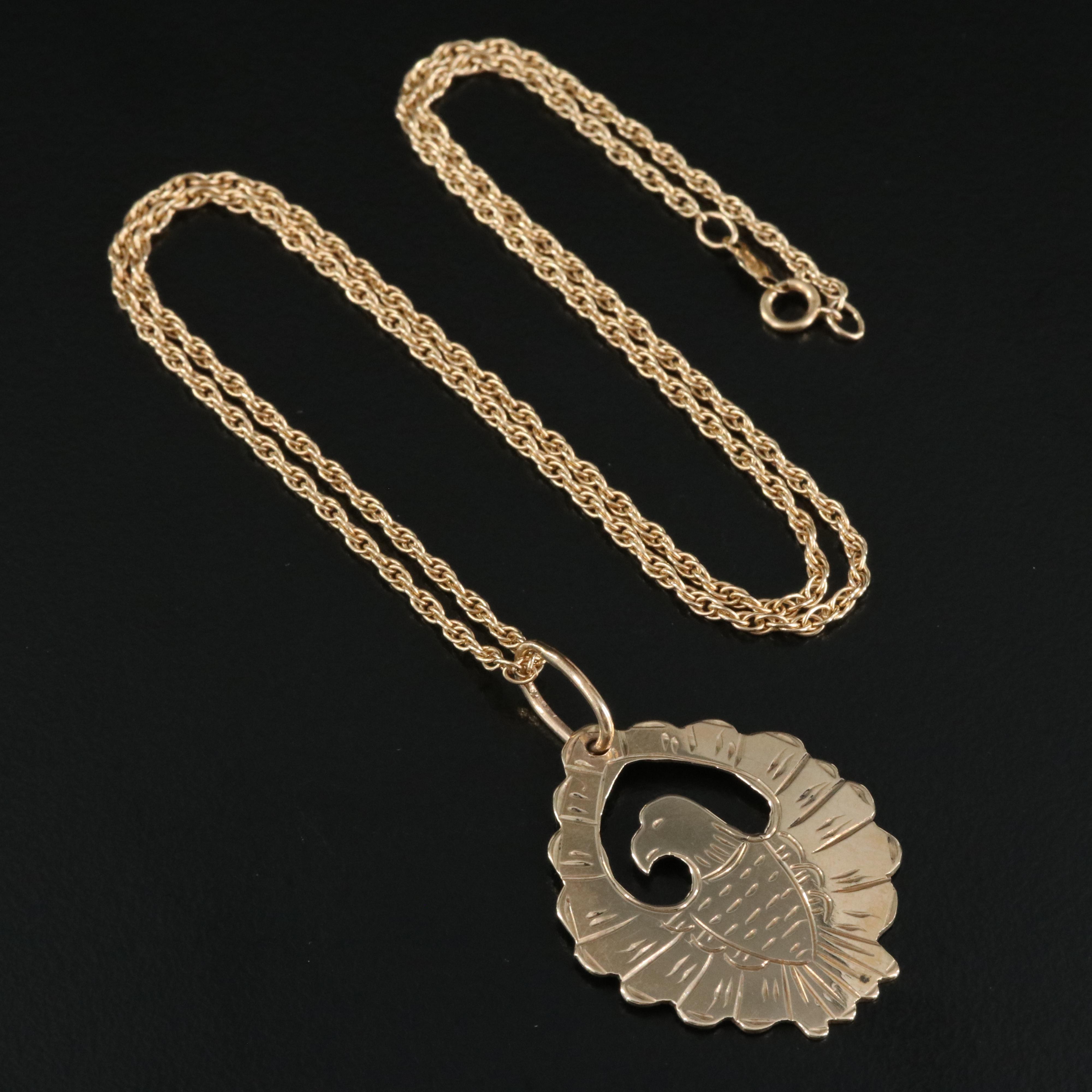 10K Eagle Stampwork Pendant on 14K Singapore Chain Necklace