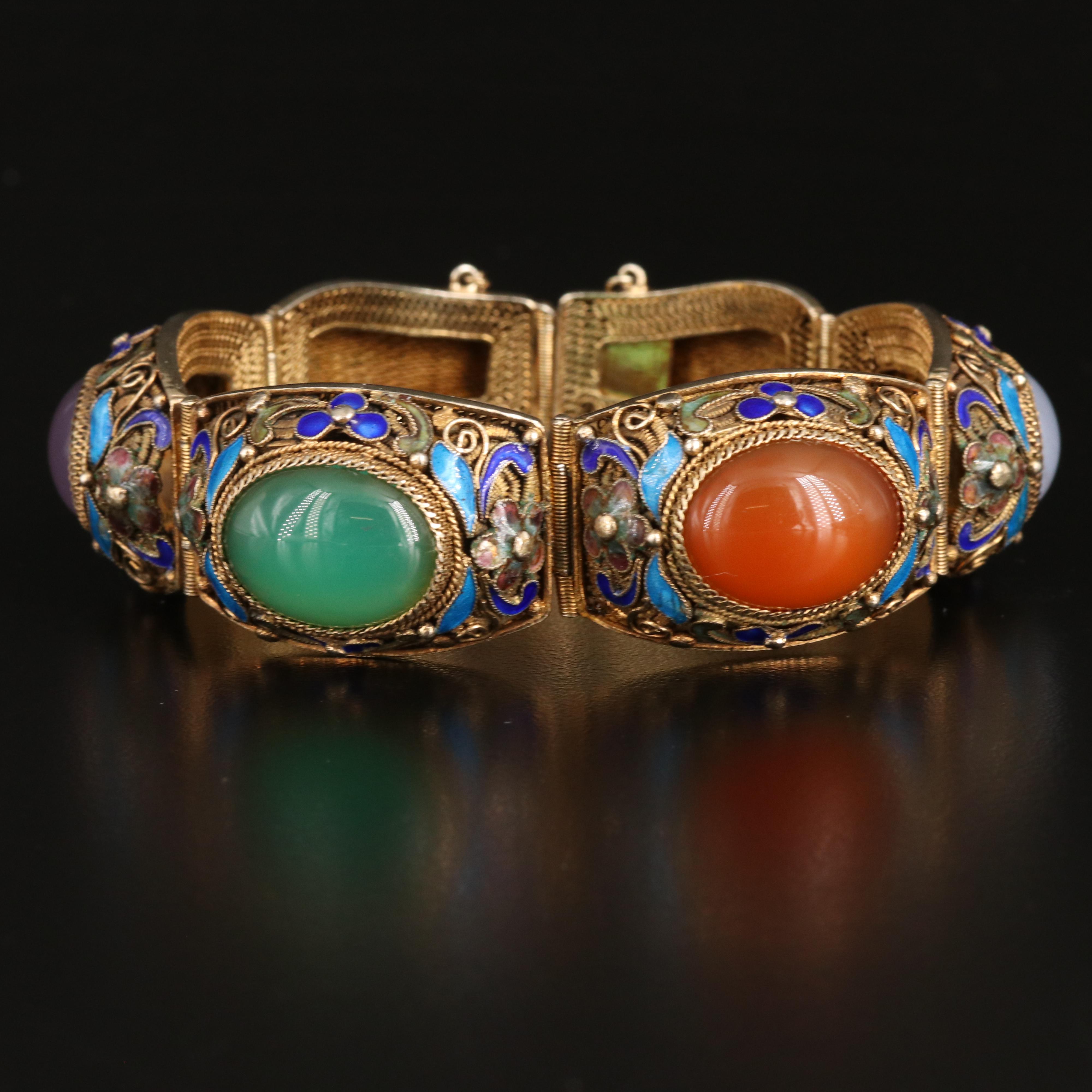 Chinese Export Sterling Filigree and Gemstone Bracelet with Floral Enamel Accent