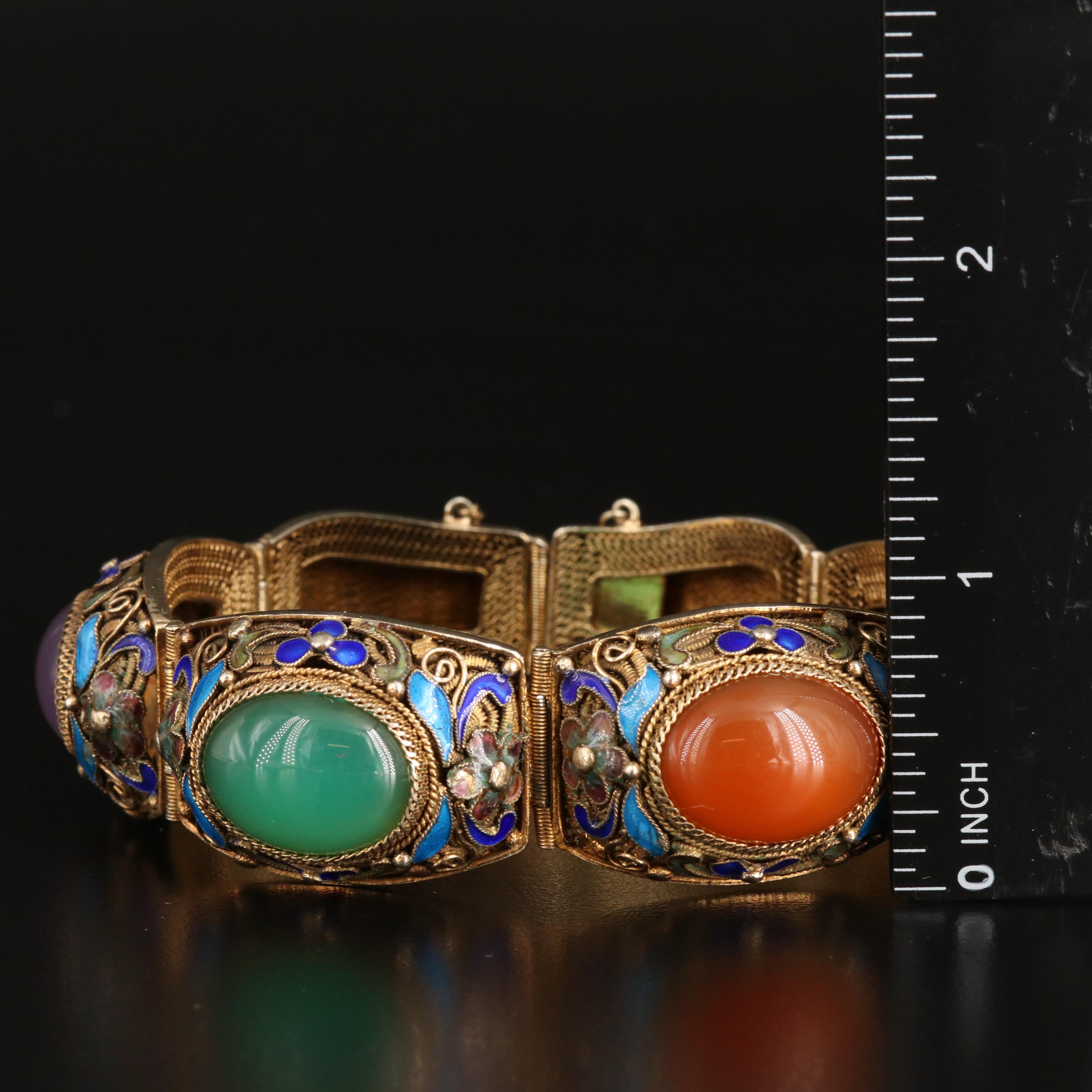 Chinese Export Sterling Filigree and Gemstone Bracelet with Floral Enamel Accent