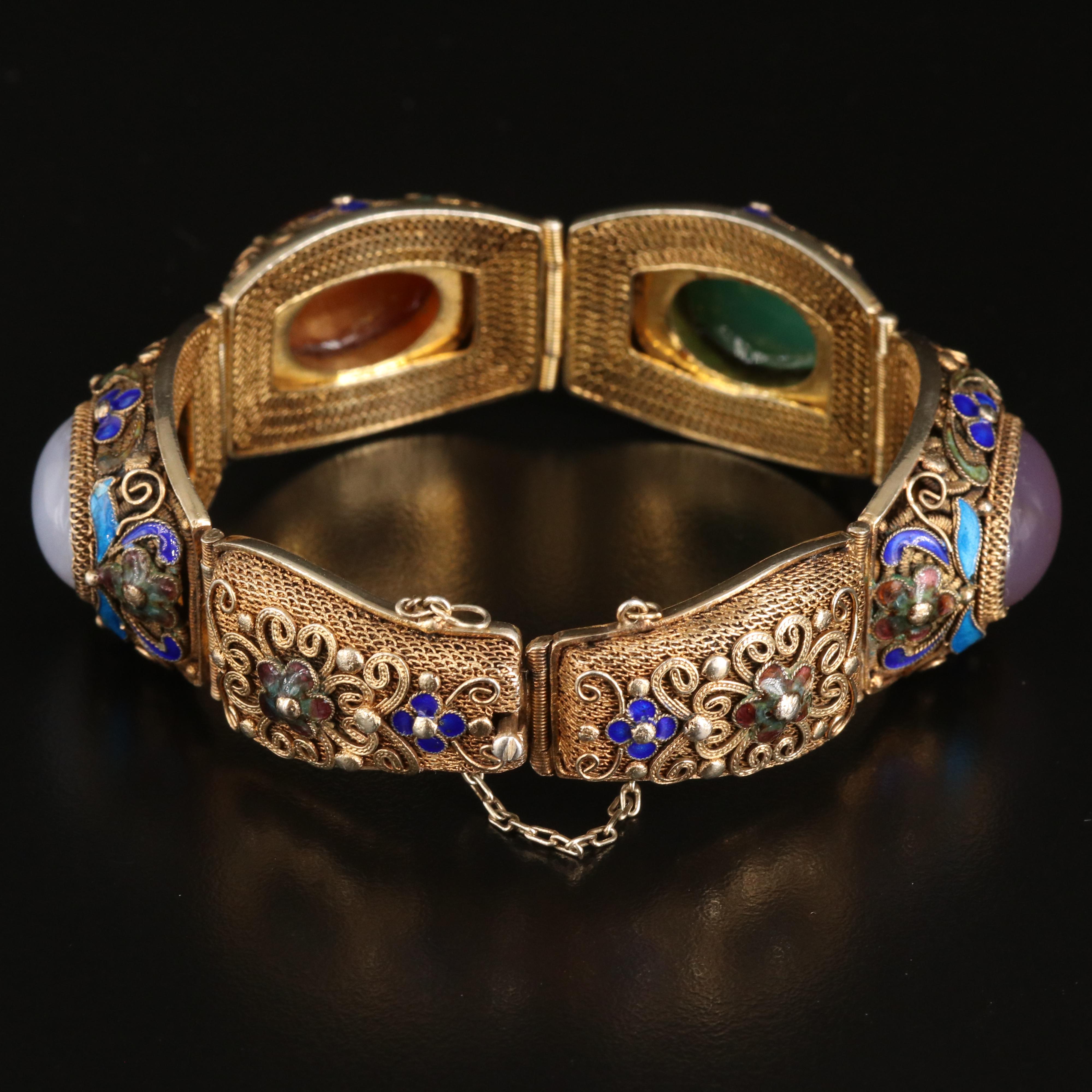 Chinese Export Sterling Filigree and Gemstone Bracelet with Floral Enamel Accent