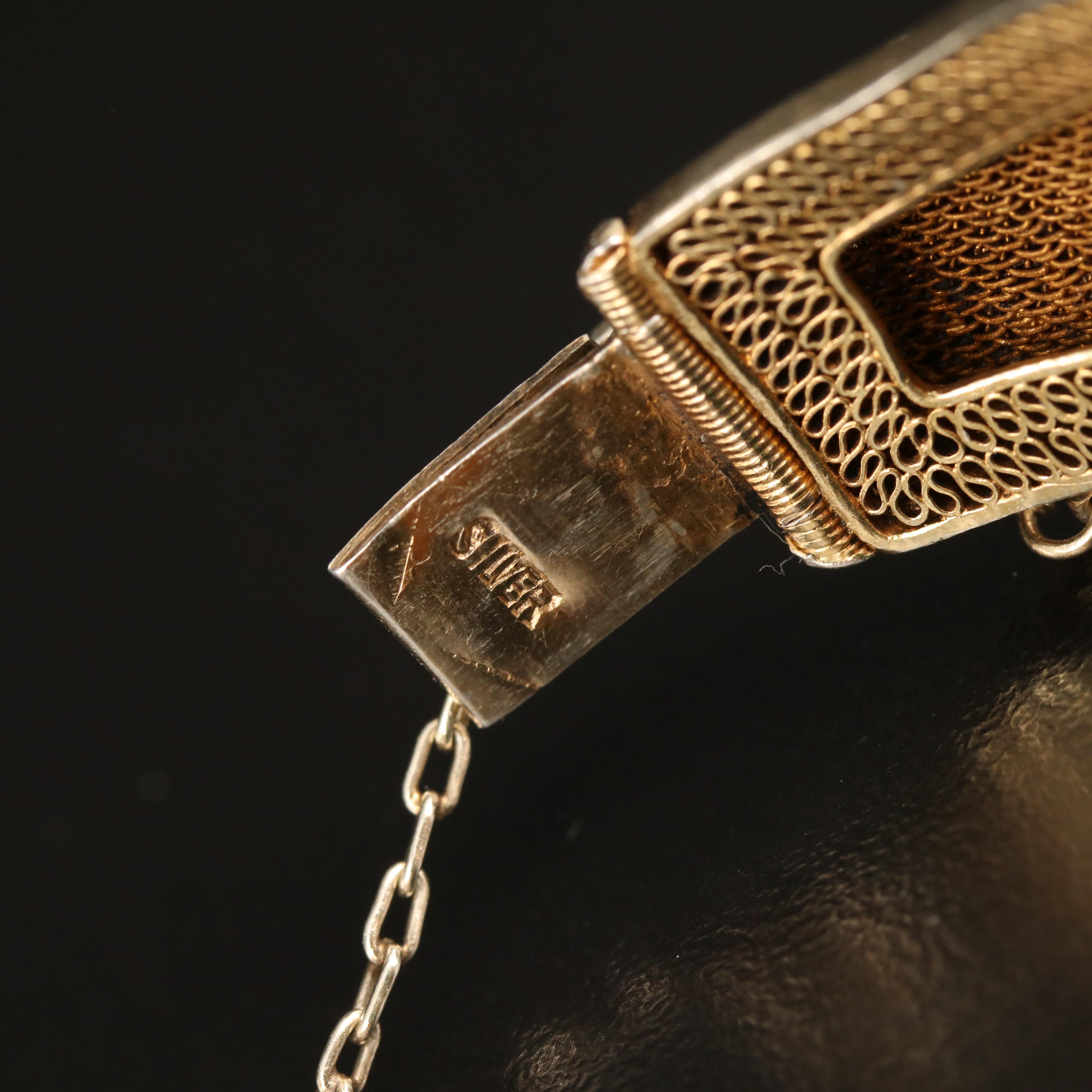 Chinese Export Sterling Filigree and Gemstone Bracelet with Floral Enamel Accent