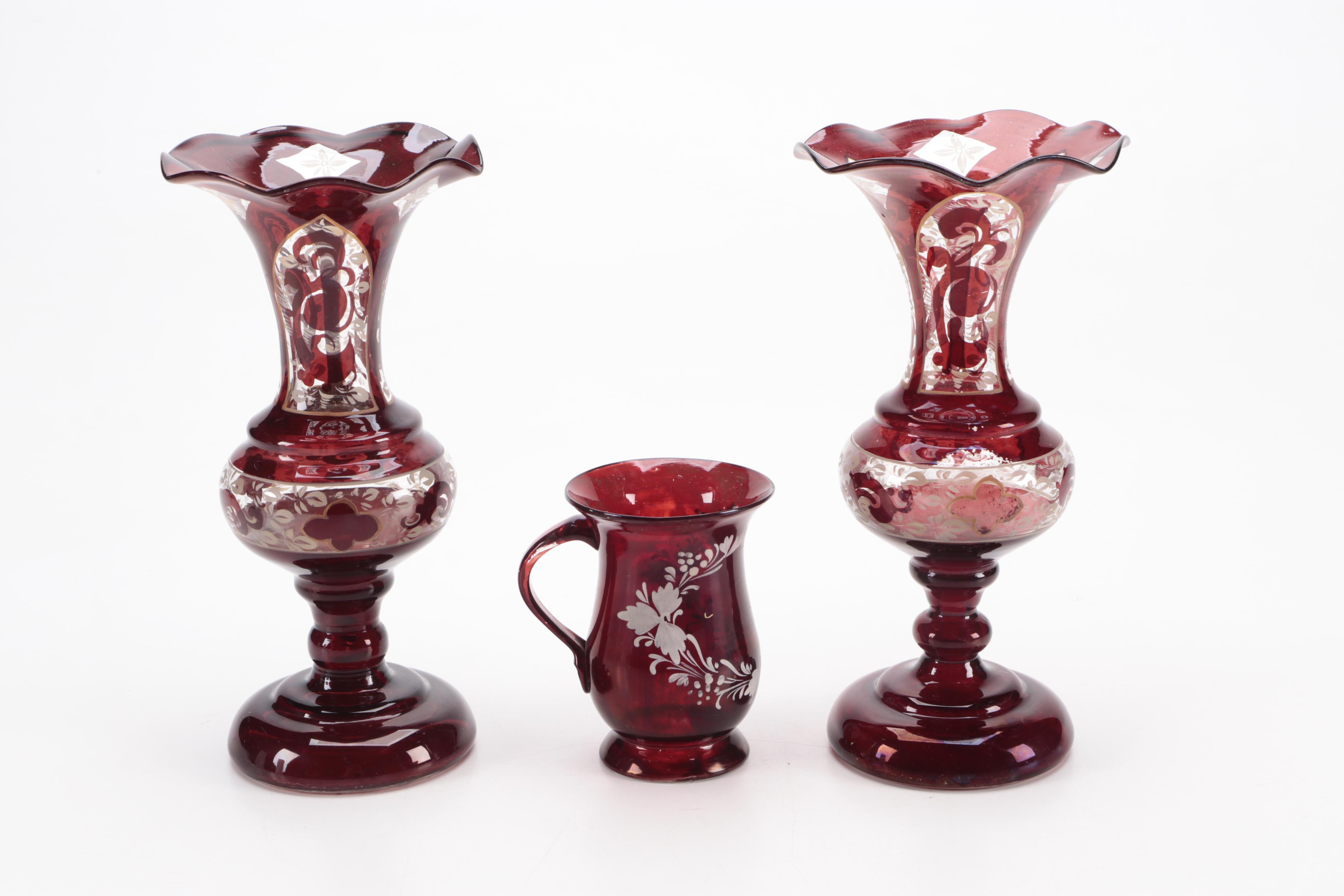 Basketweave Cased Glass Shakers and Mustard Pot with Bohemian Glass