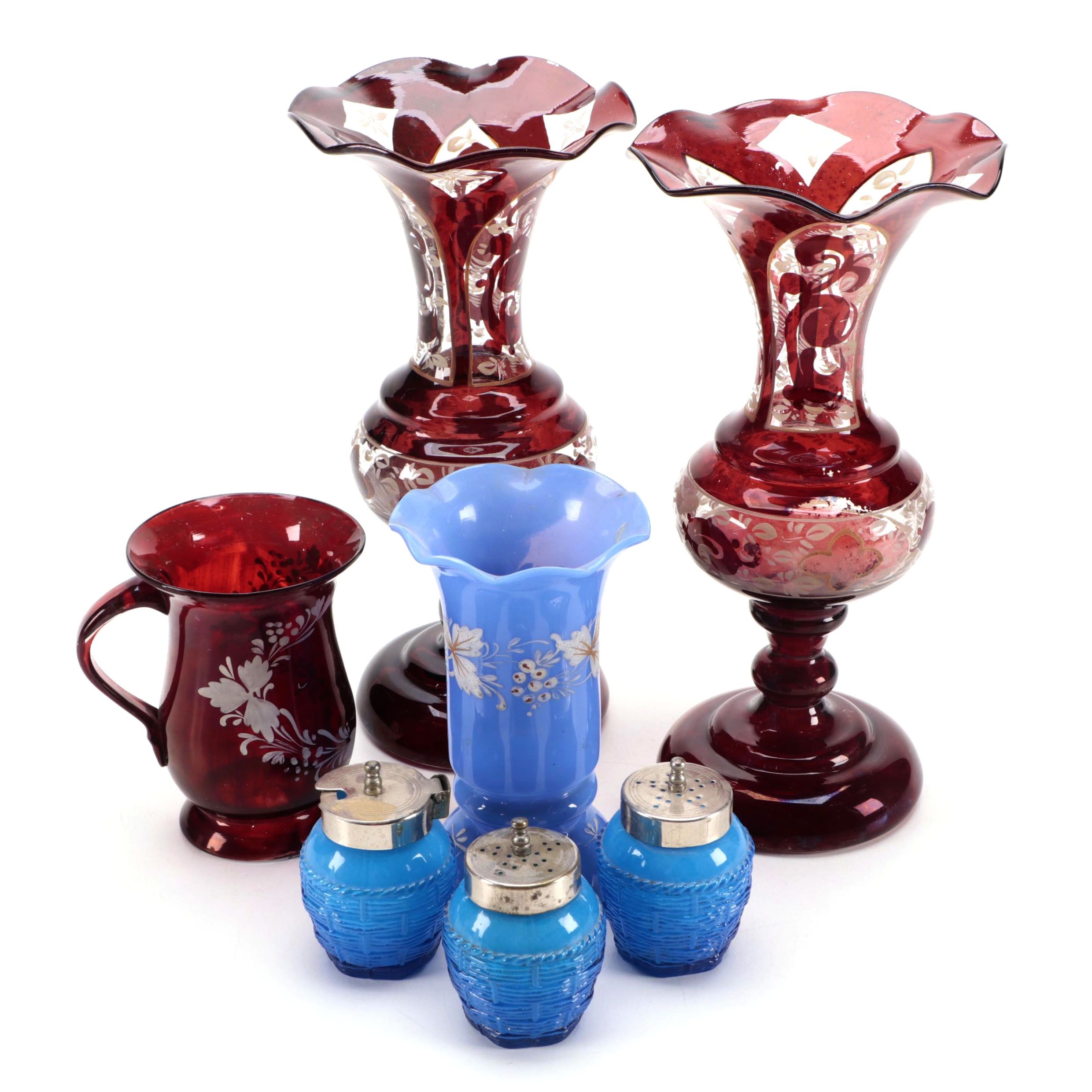 Basketweave Cased Glass Shakers and Mustard Pot with Bohemian Glass