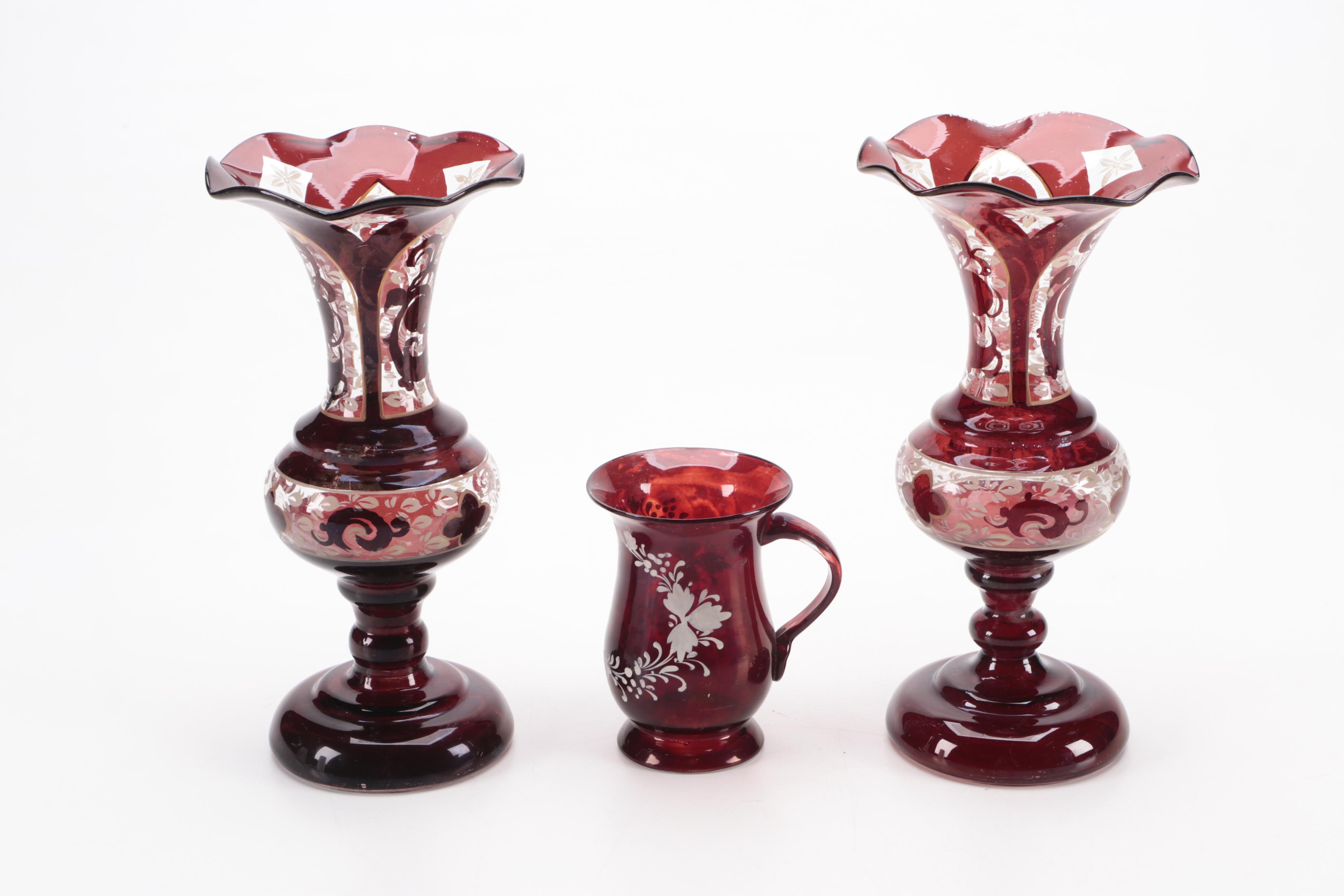 Basketweave Cased Glass Shakers and Mustard Pot with Bohemian Glass