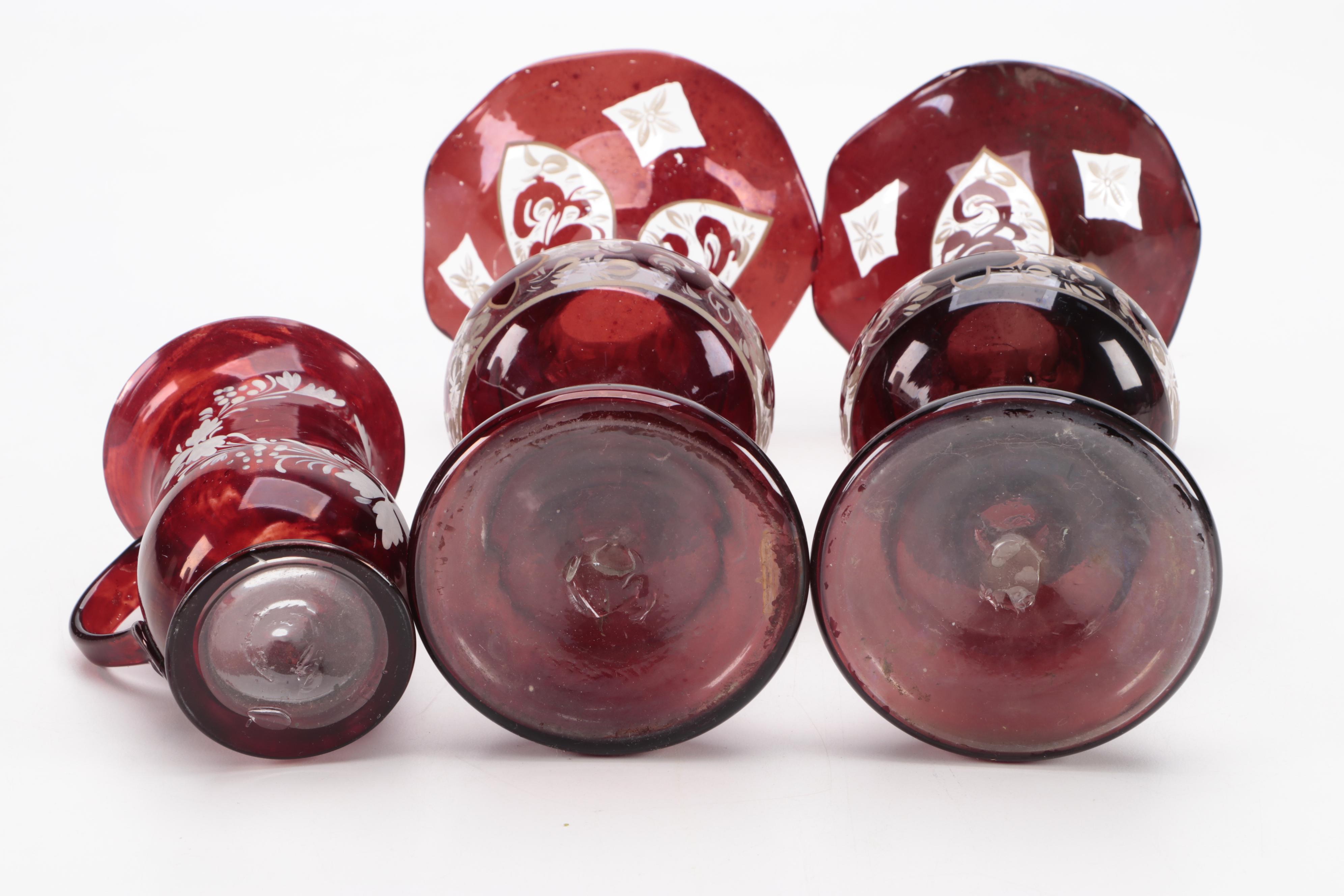 Basketweave Cased Glass Shakers and Mustard Pot with Bohemian Glass