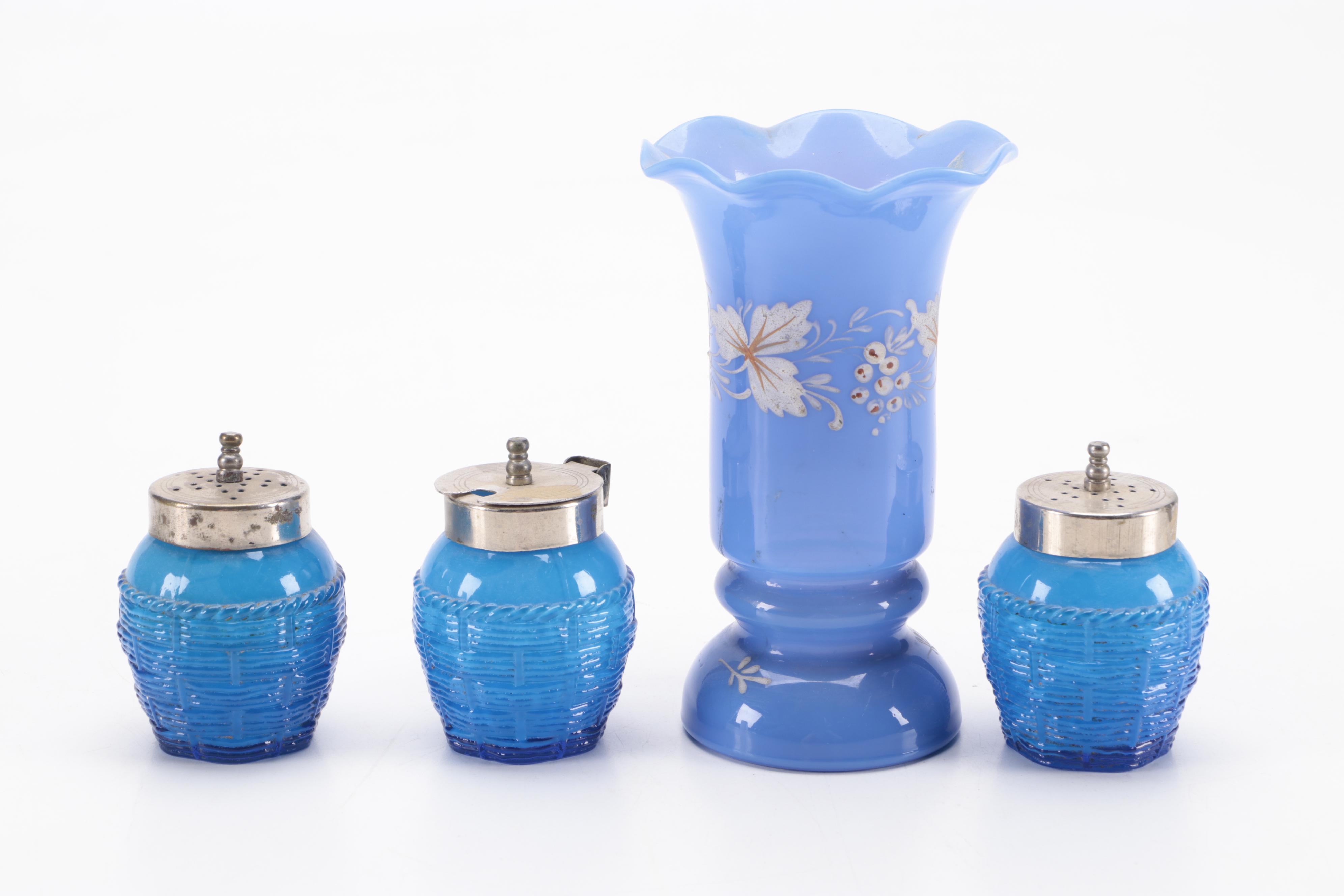 Basketweave Cased Glass Shakers and Mustard Pot with Bohemian Glass
