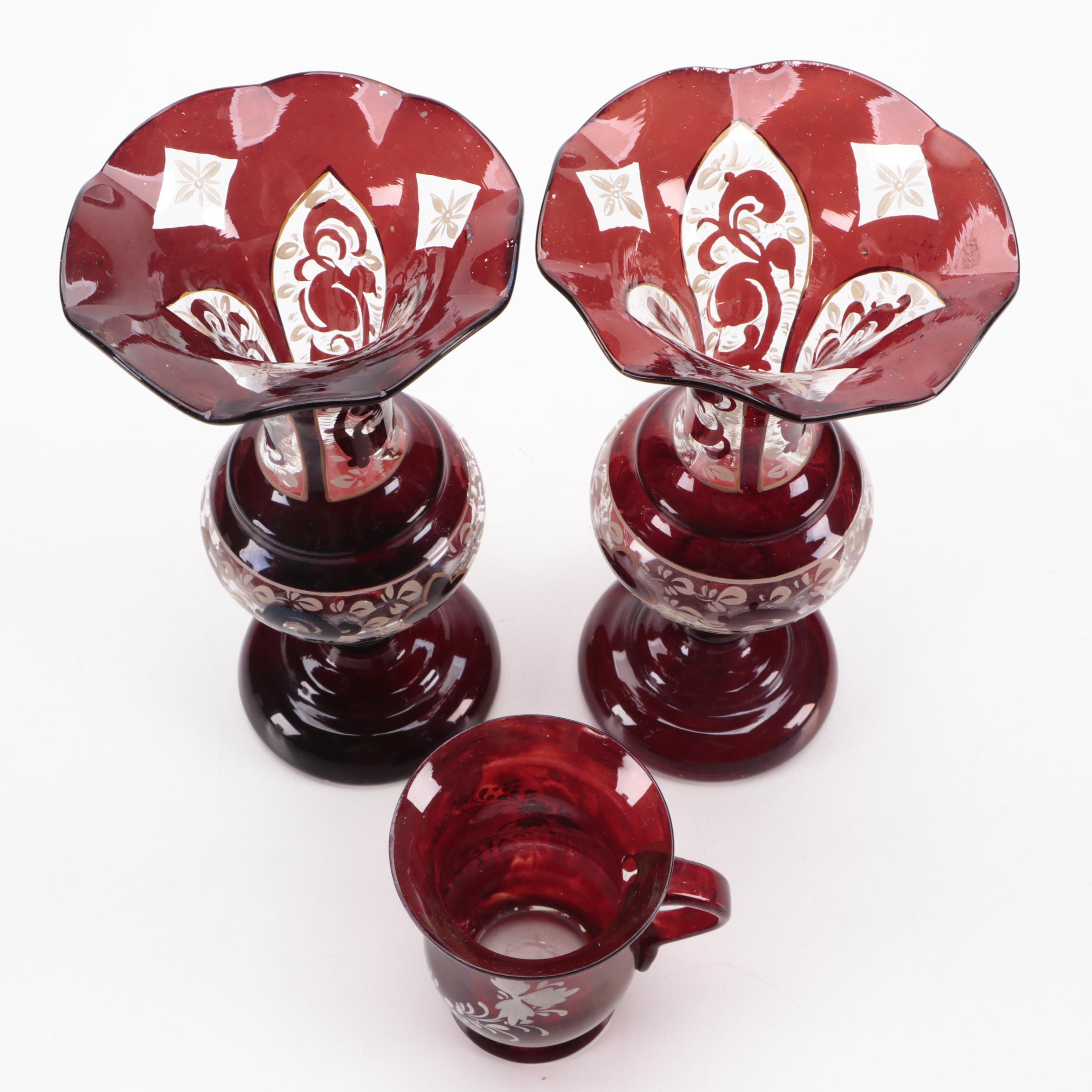 Basketweave Cased Glass Shakers and Mustard Pot with Bohemian Glass