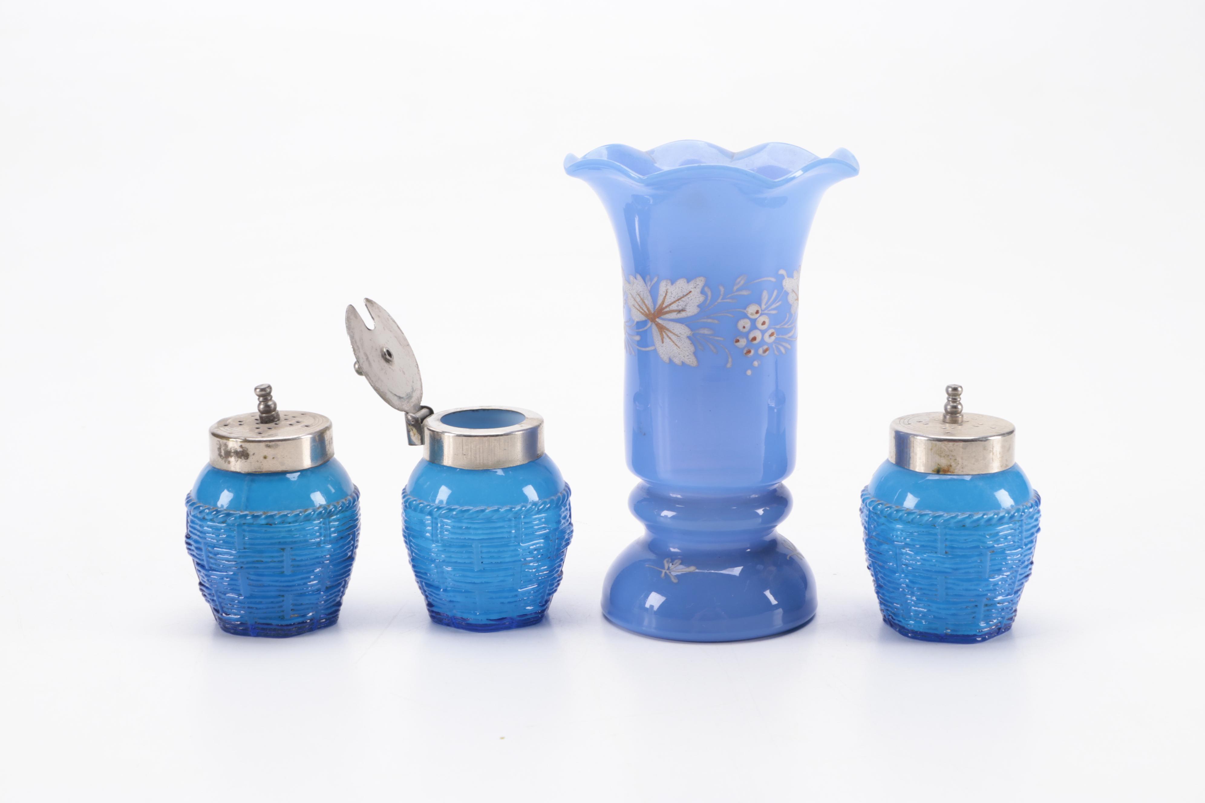 Basketweave Cased Glass Shakers and Mustard Pot with Bohemian Glass