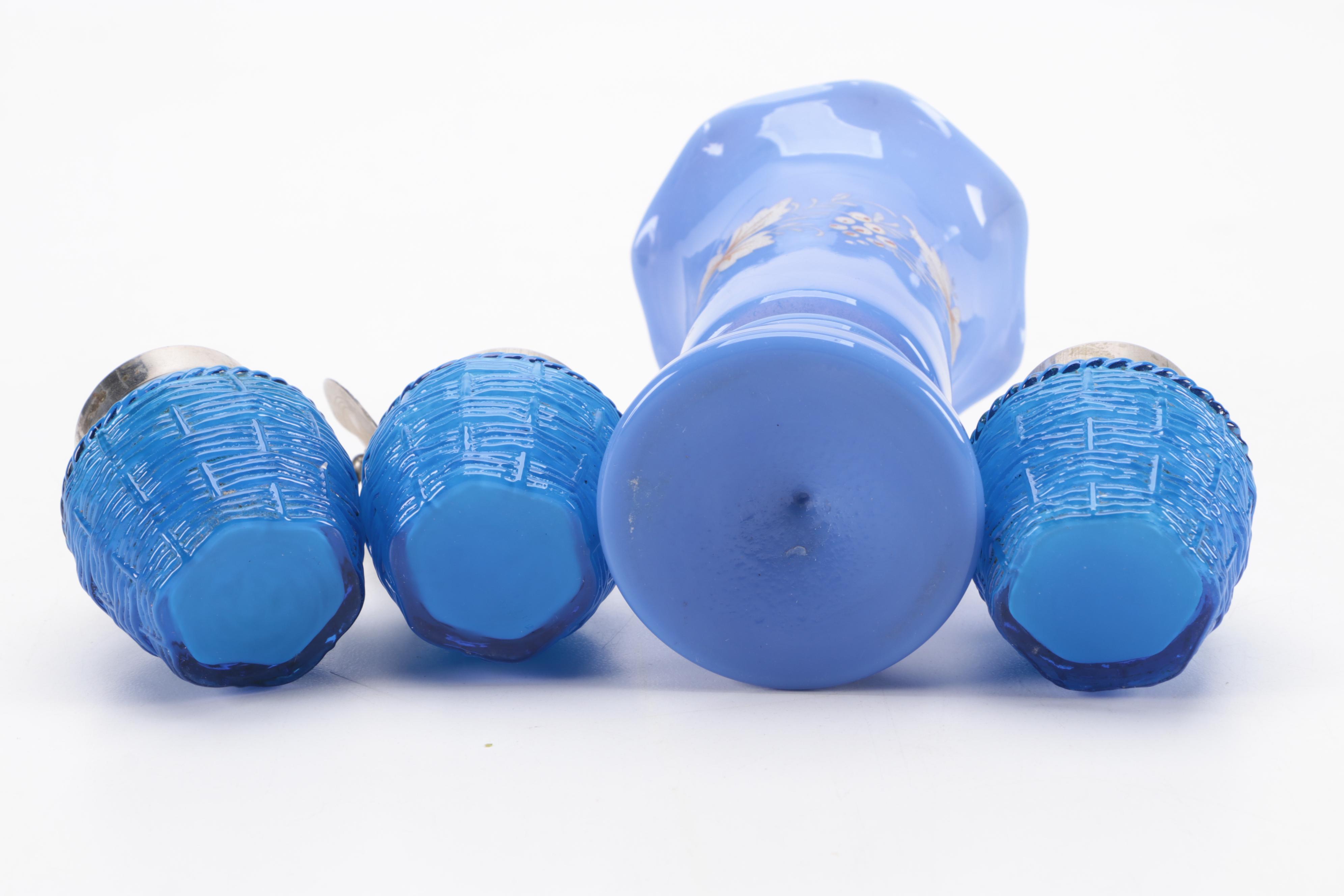 Basketweave Cased Glass Shakers and Mustard Pot with Bohemian Glass
