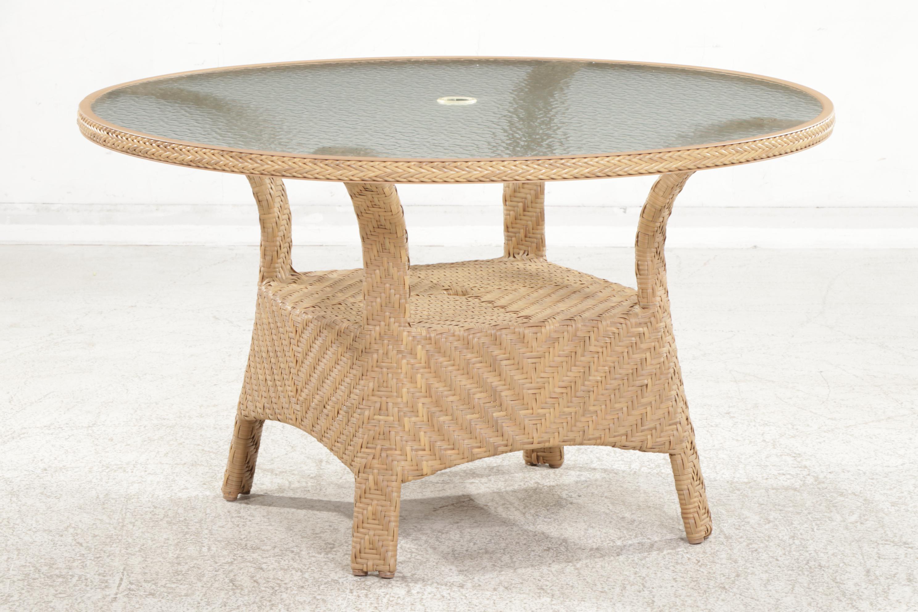 Ebel Resin Wicker Glass Top Patio Dining Table and Pair of Armchairs