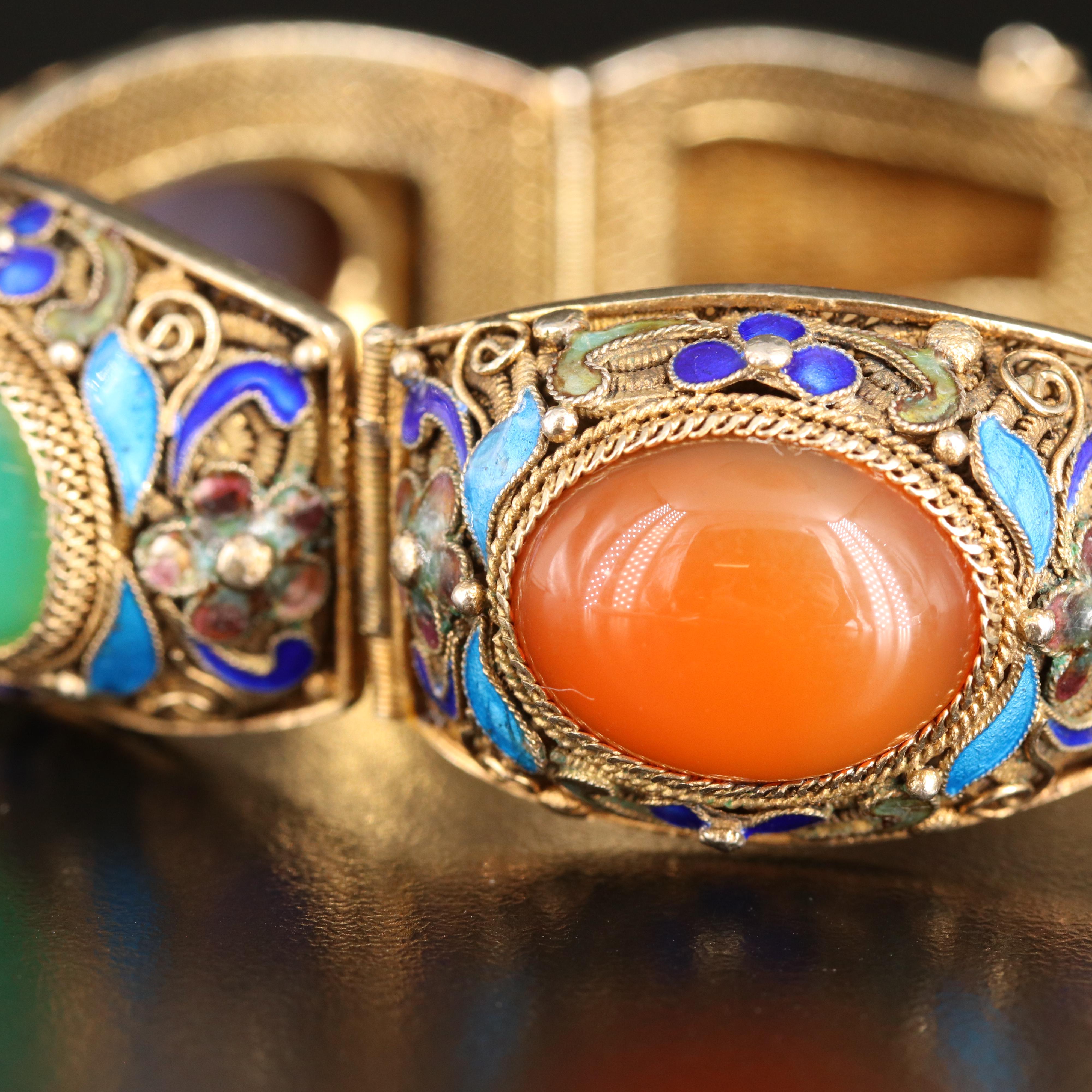 Chinese Export Sterling Filigree and Gemstone Bracelet with Floral Enamel Accent