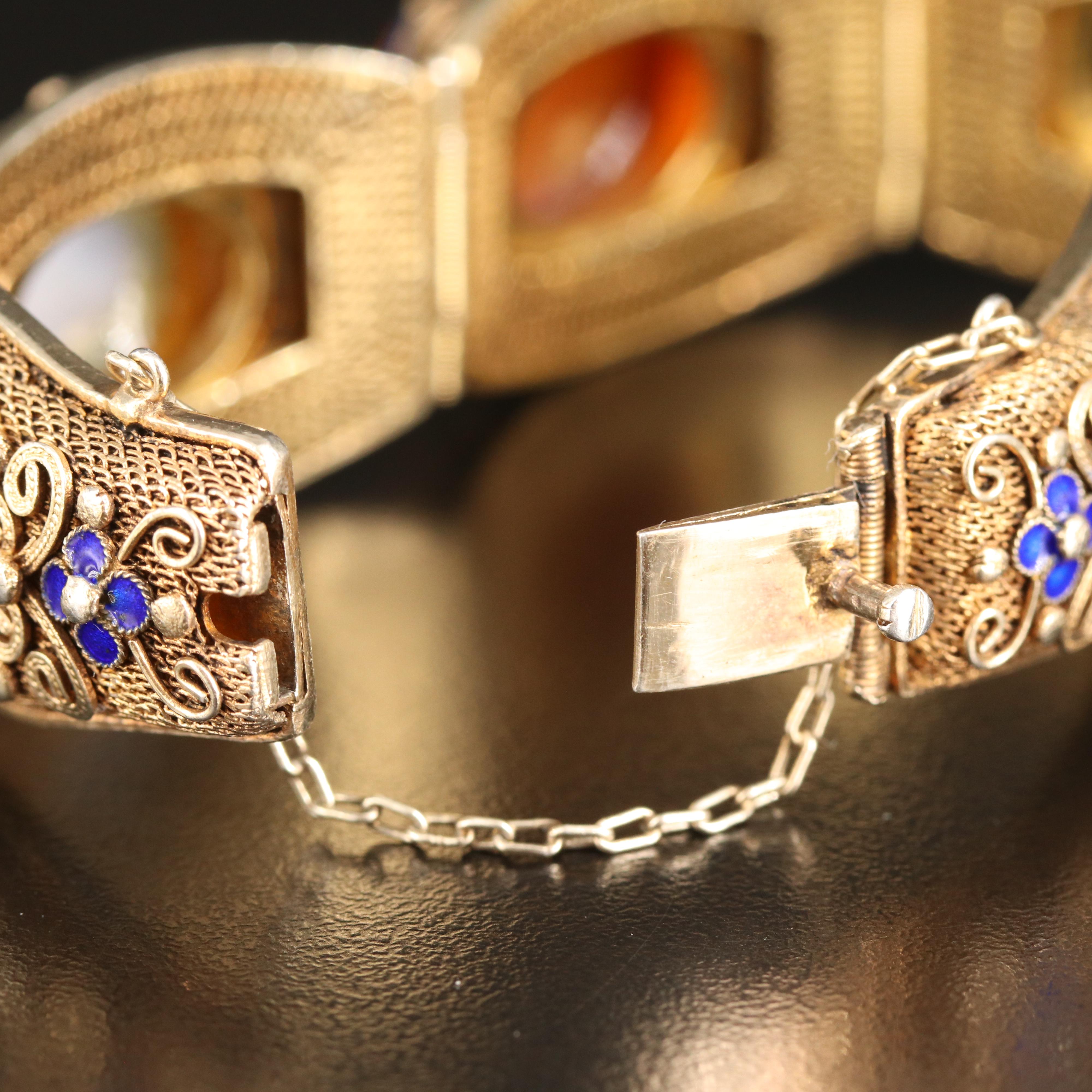 Chinese Export Sterling Filigree and Gemstone Bracelet with Floral Enamel Accent