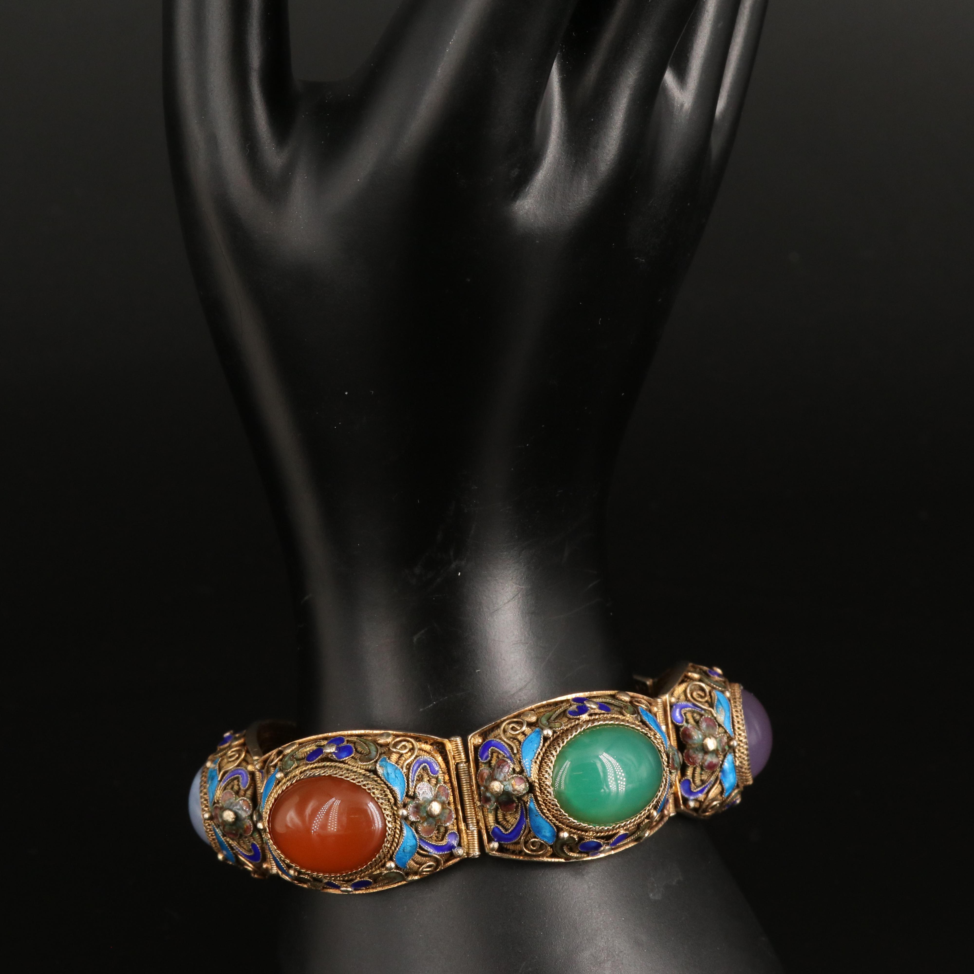 Chinese Export Sterling Filigree and Gemstone Bracelet with Floral Enamel Accent