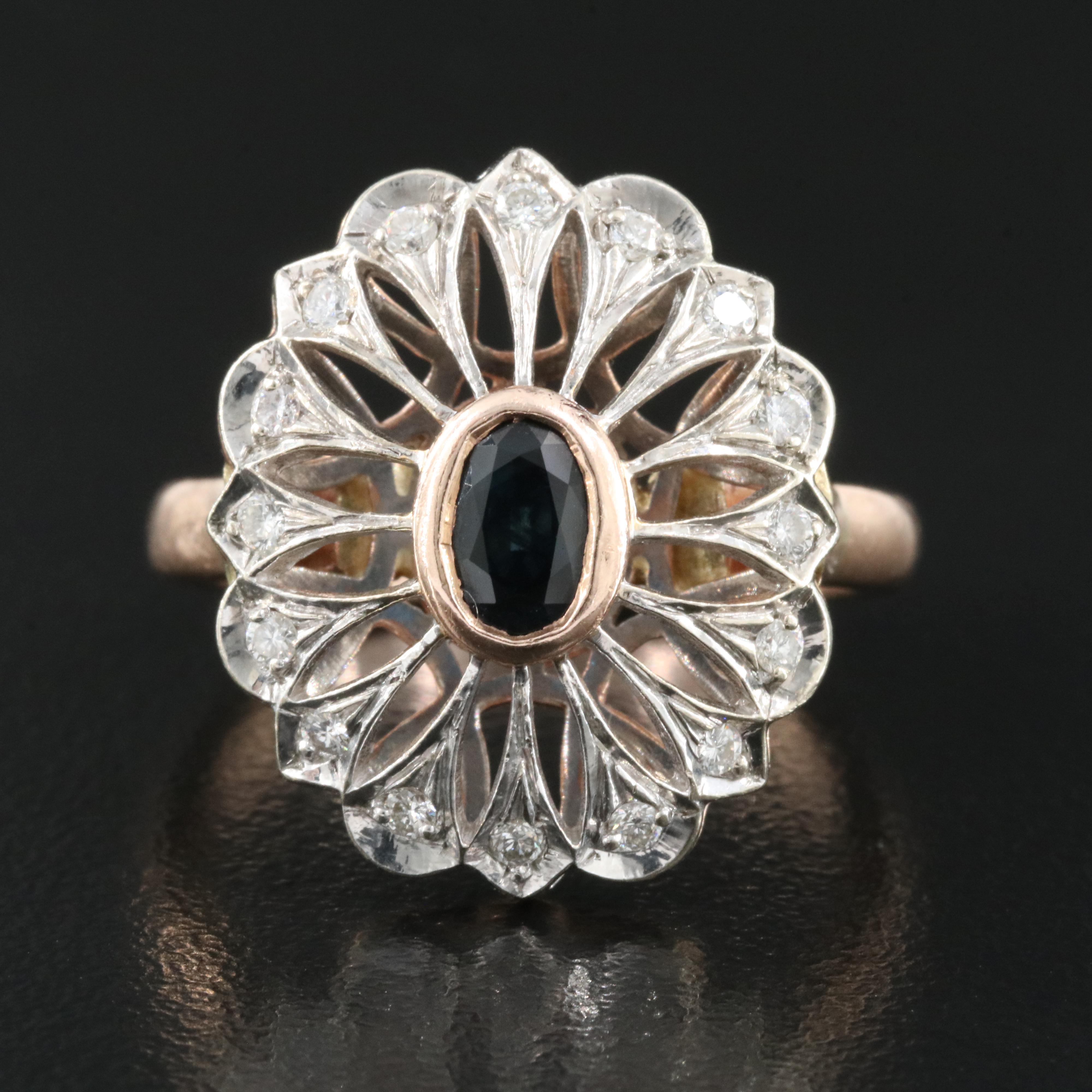 10K Rose Gold Sapphire and Diamond Ring with 14K White Gold Accents