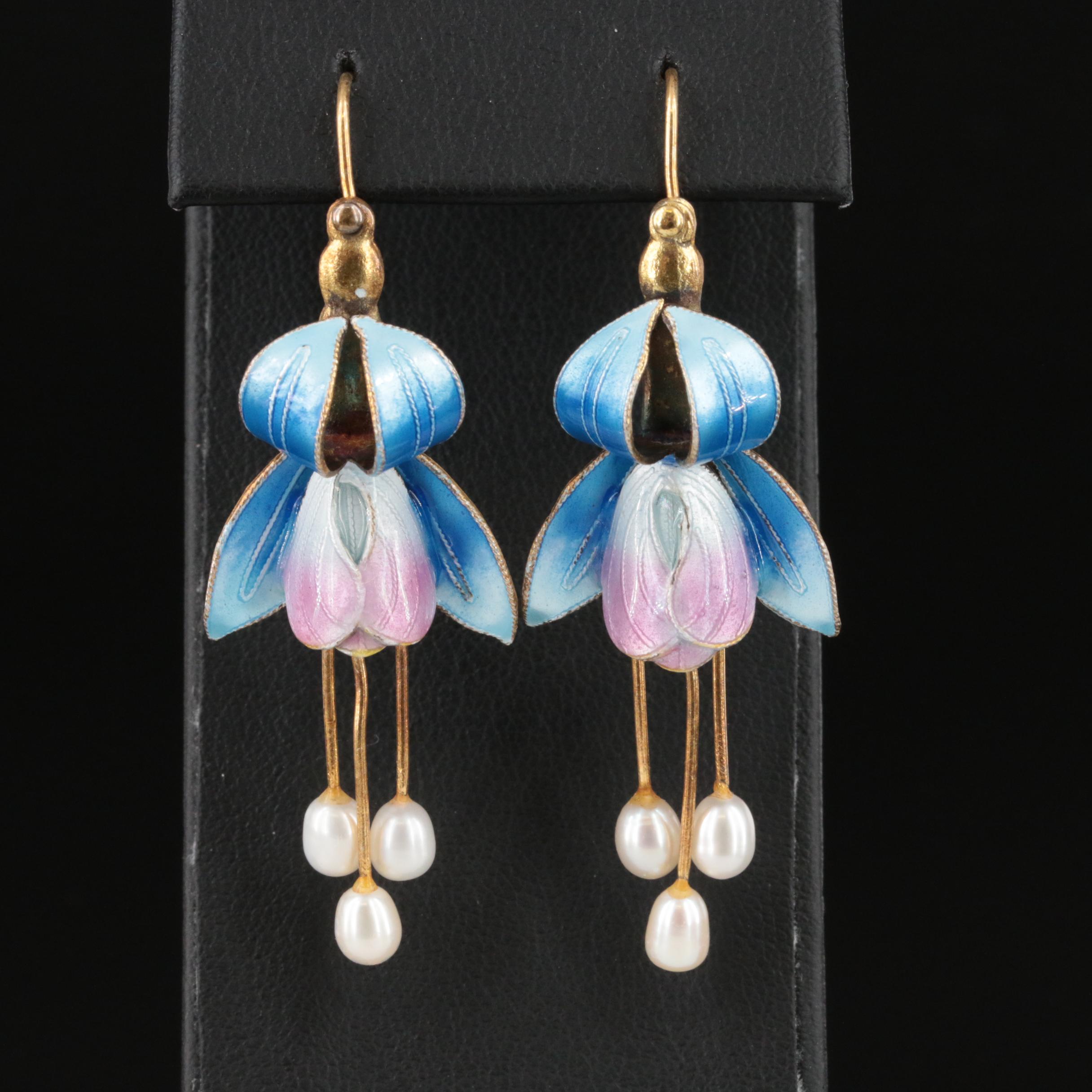 Sterling Pearl and Enamel Flower Earrings
