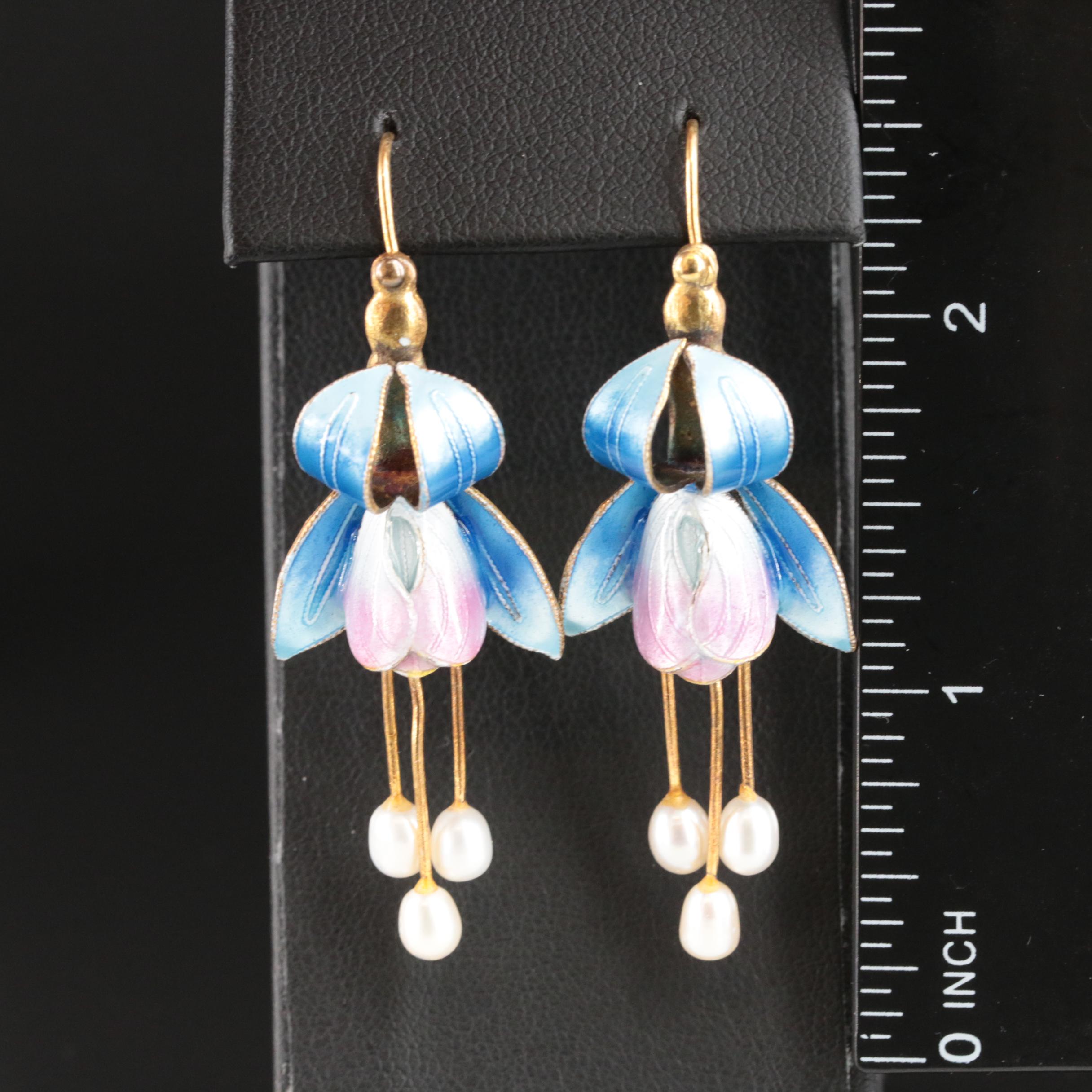 Sterling Pearl and Enamel Flower Earrings