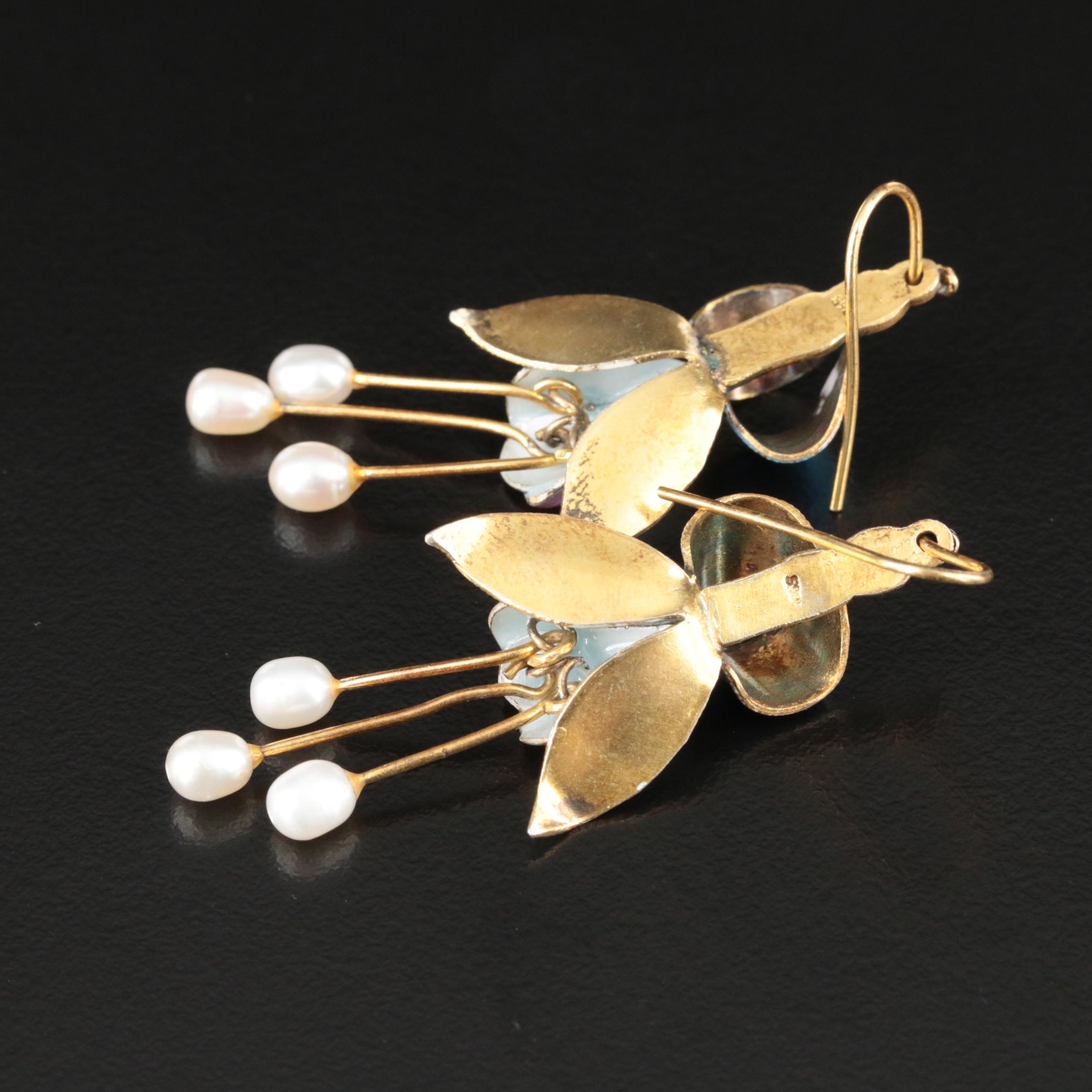 Sterling Pearl and Enamel Flower Earrings