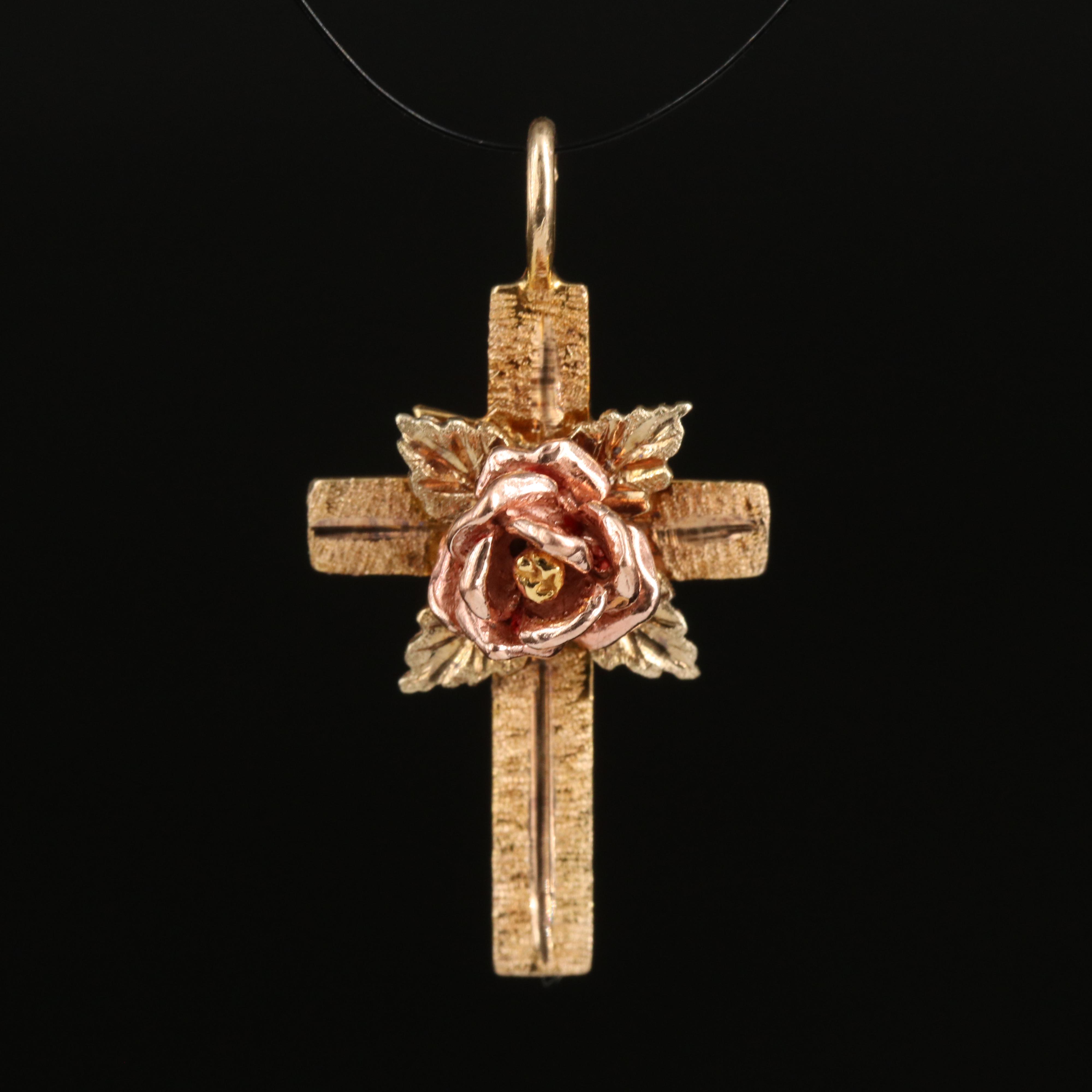 10K Rose Cross Pendant with Rose Gold Accent