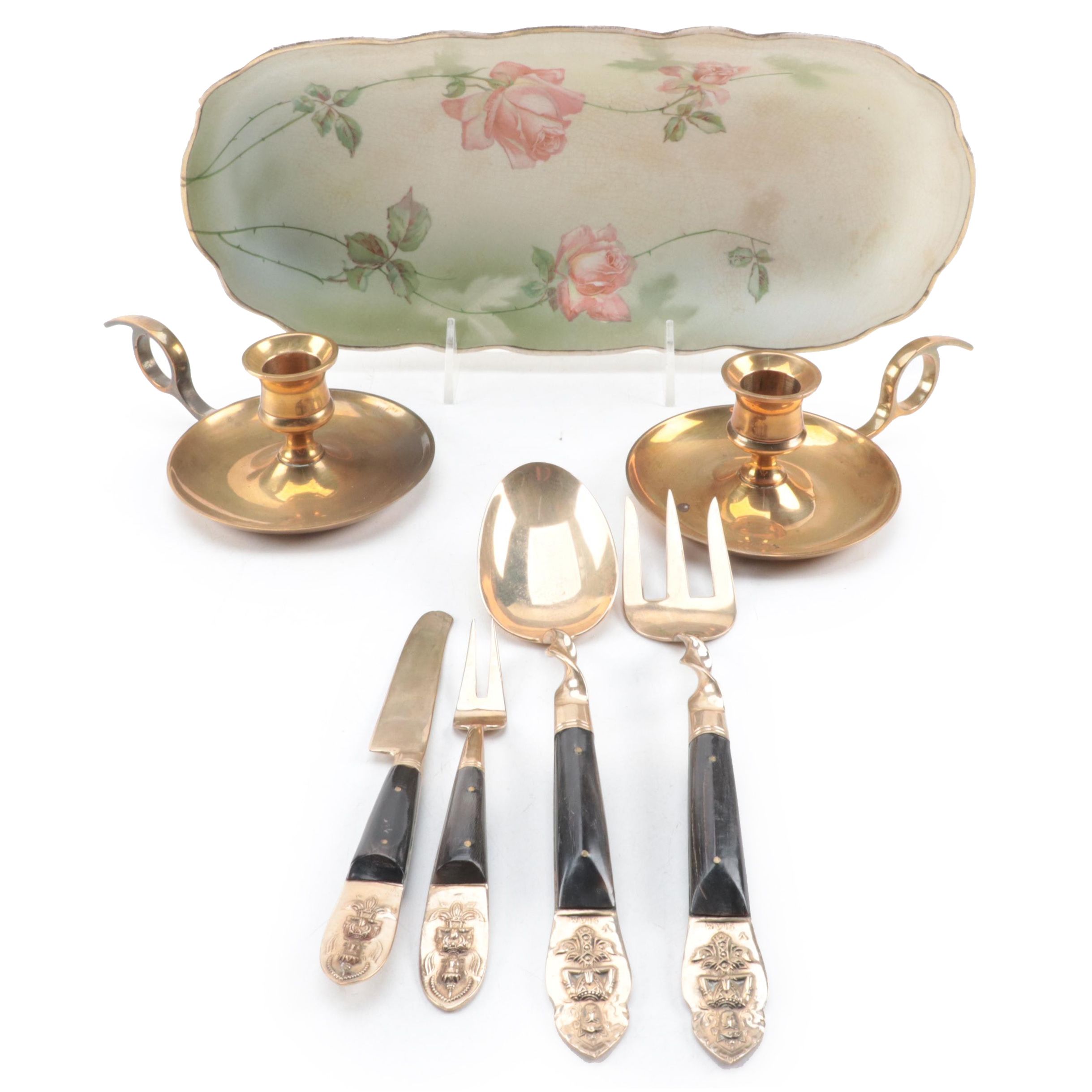 Stinthal China Celery Dish with Brass Chambersticks and Utensils