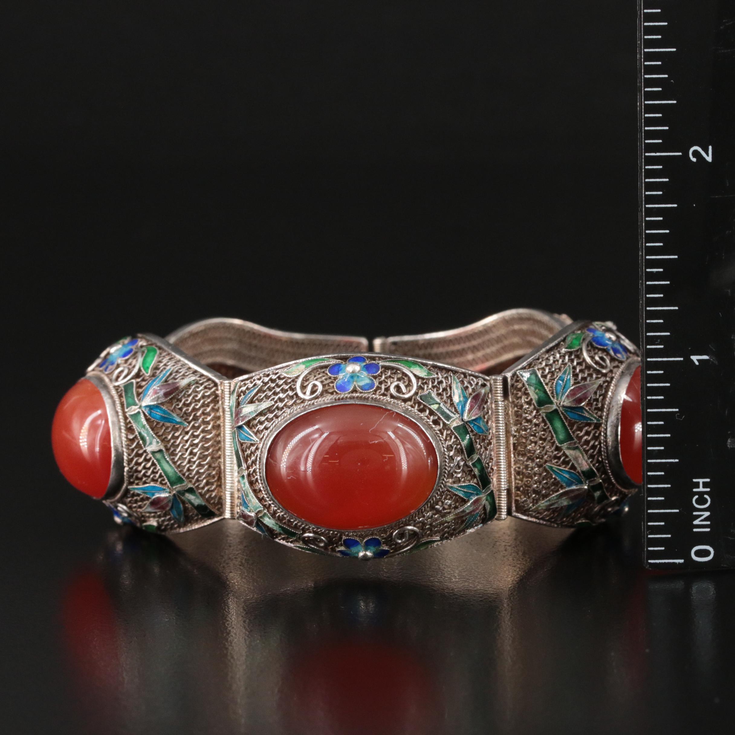 Chinese Export Sterling Carnelian Filigree Bracelet with Bamboo Enamel Accents