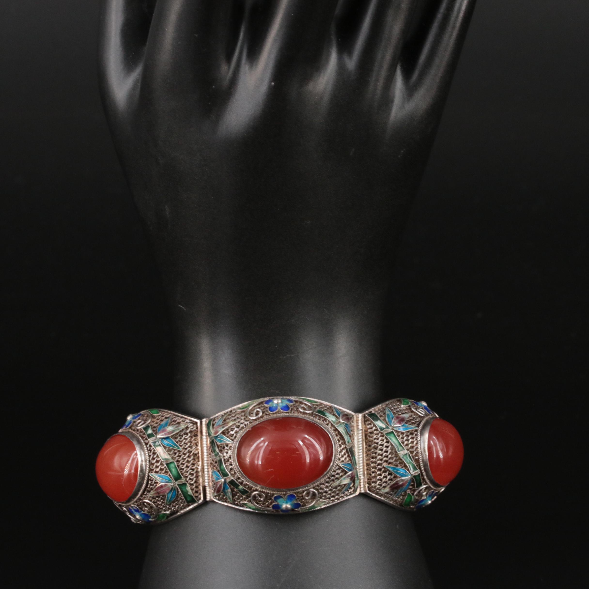 Chinese Export Sterling Carnelian Filigree Bracelet with Bamboo Enamel Accents