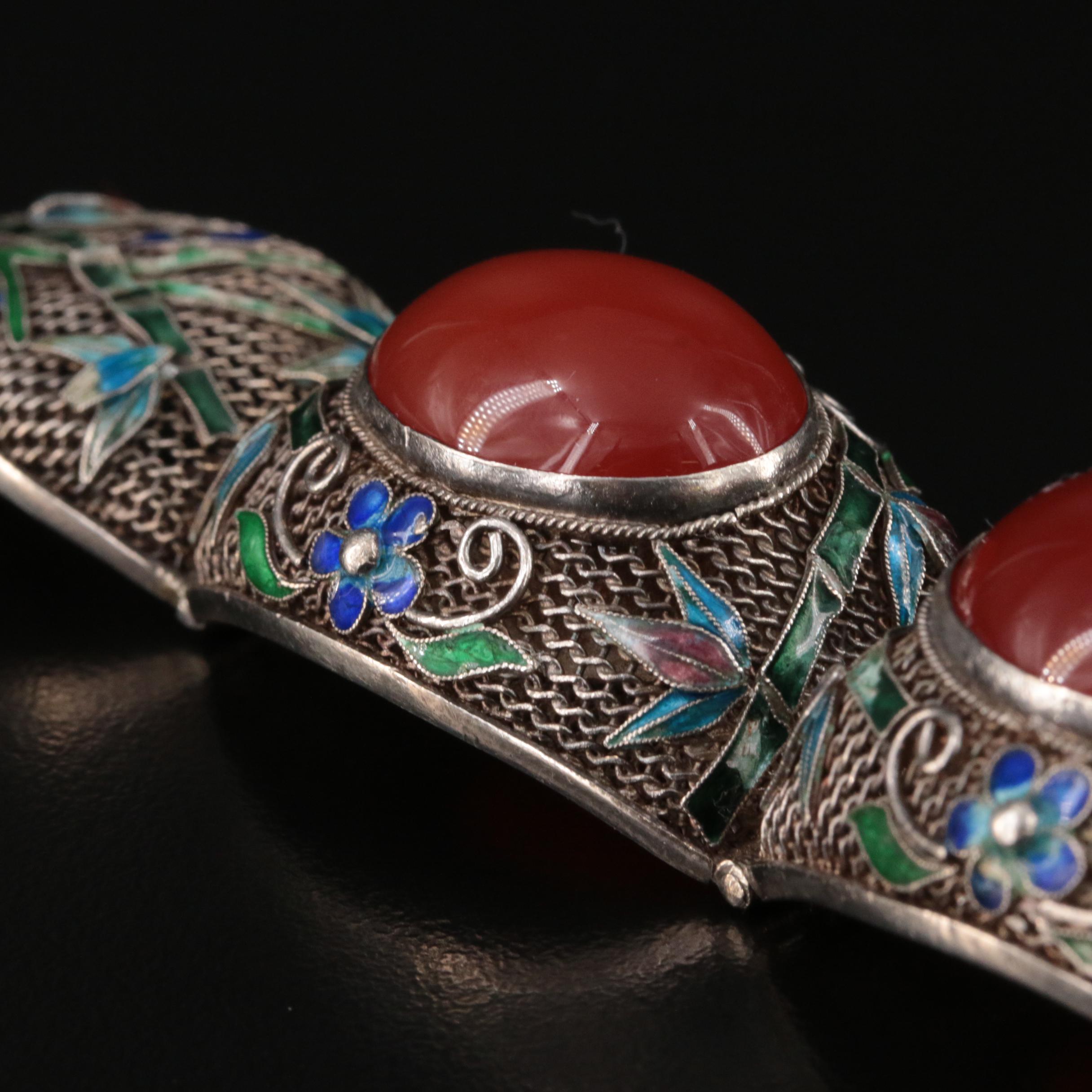 Chinese Export Sterling Carnelian Filigree Bracelet with Bamboo Enamel Accents