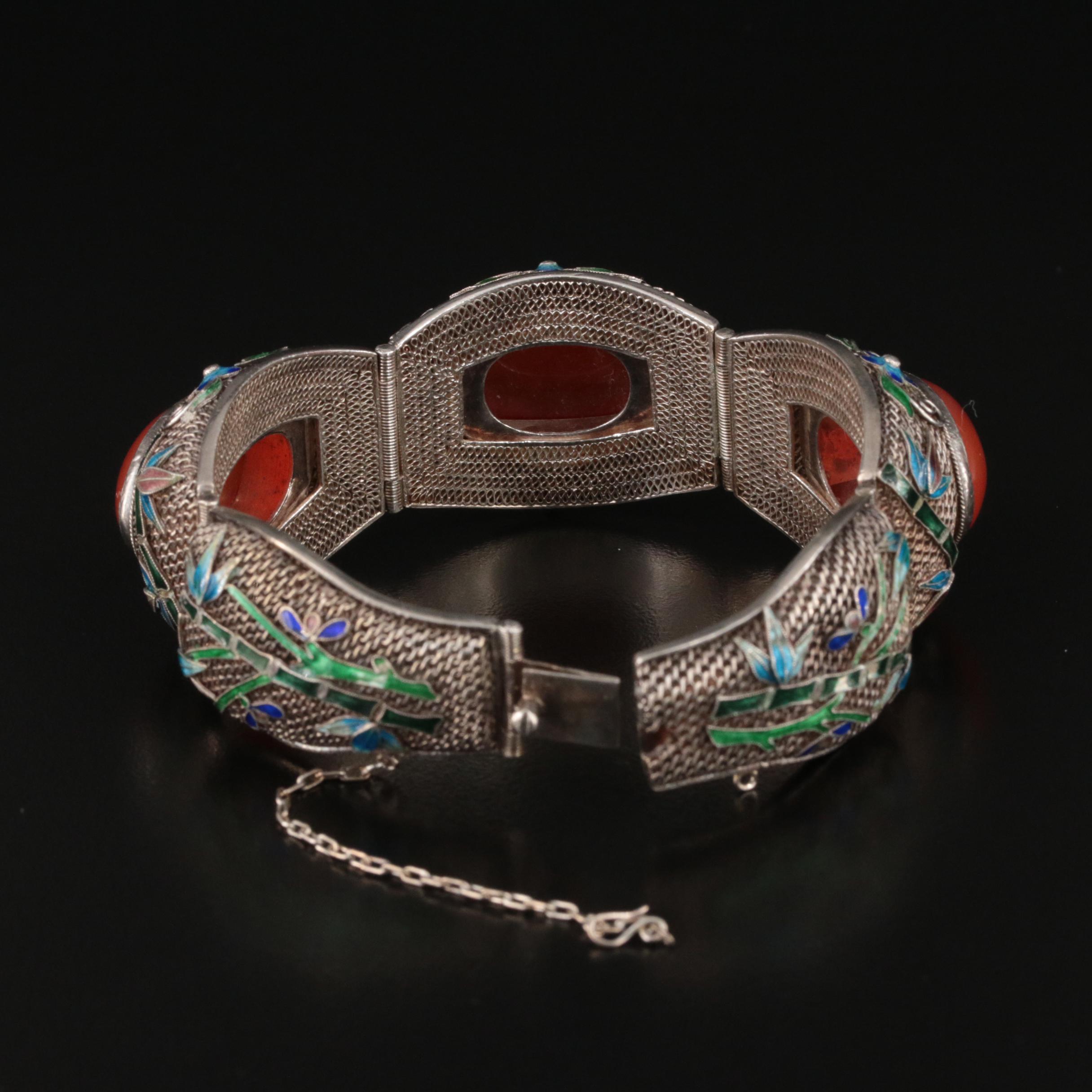 Chinese Export Sterling Carnelian Filigree Bracelet with Bamboo Enamel Accents