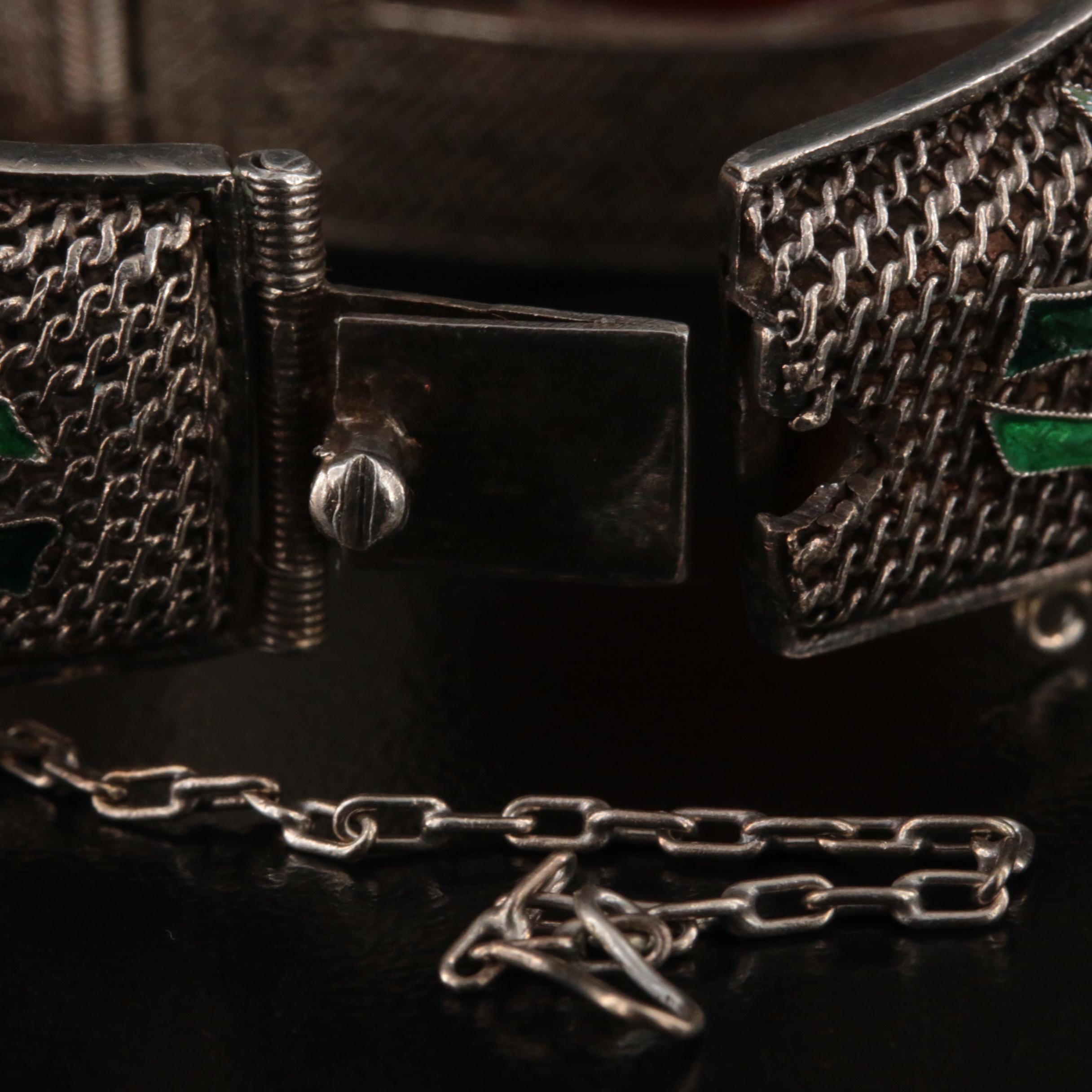 Chinese Export Sterling Carnelian Filigree Bracelet with Bamboo Enamel Accents