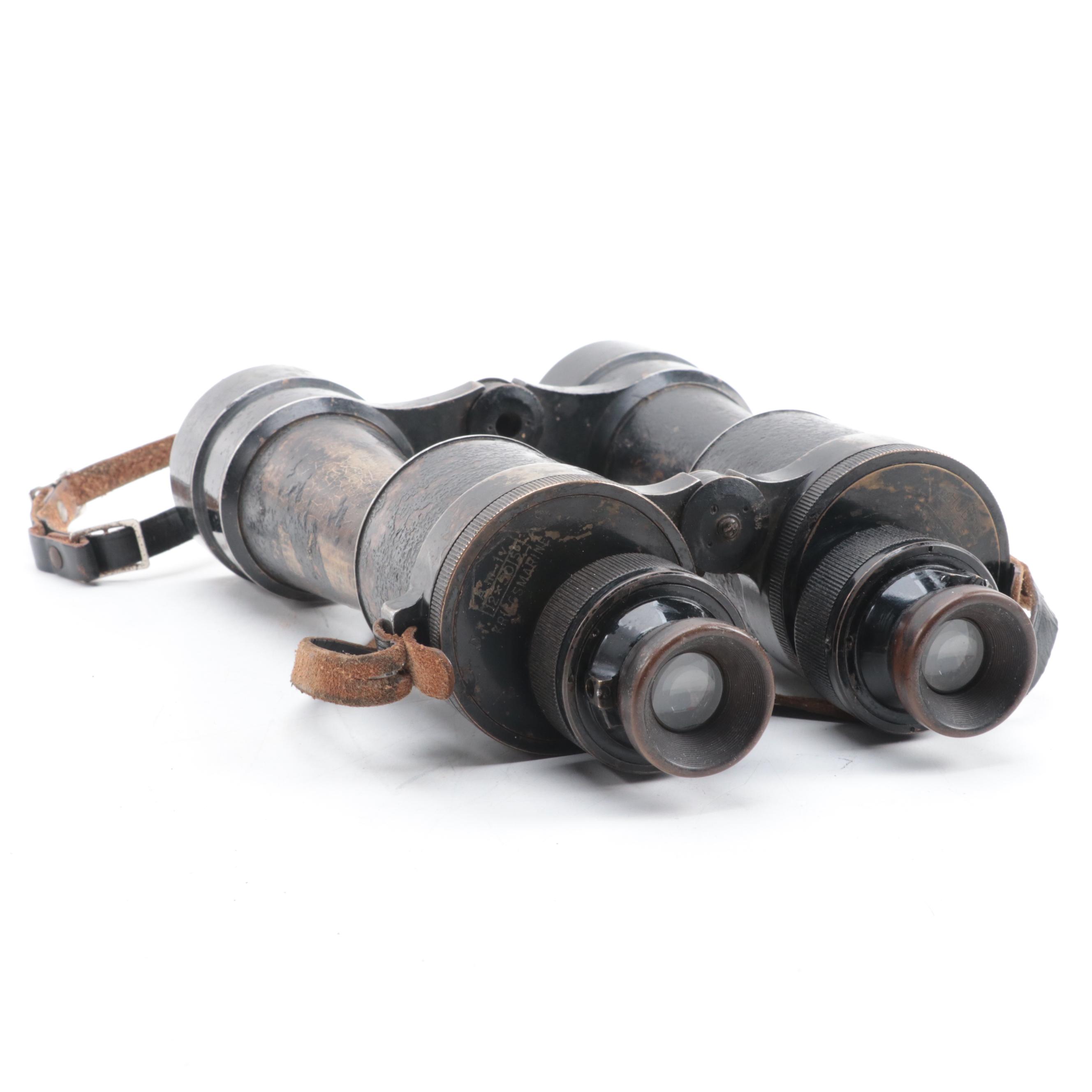 WWII Era Huet Kriegsmarine 12 x 50 Binoculars with Leather Case
