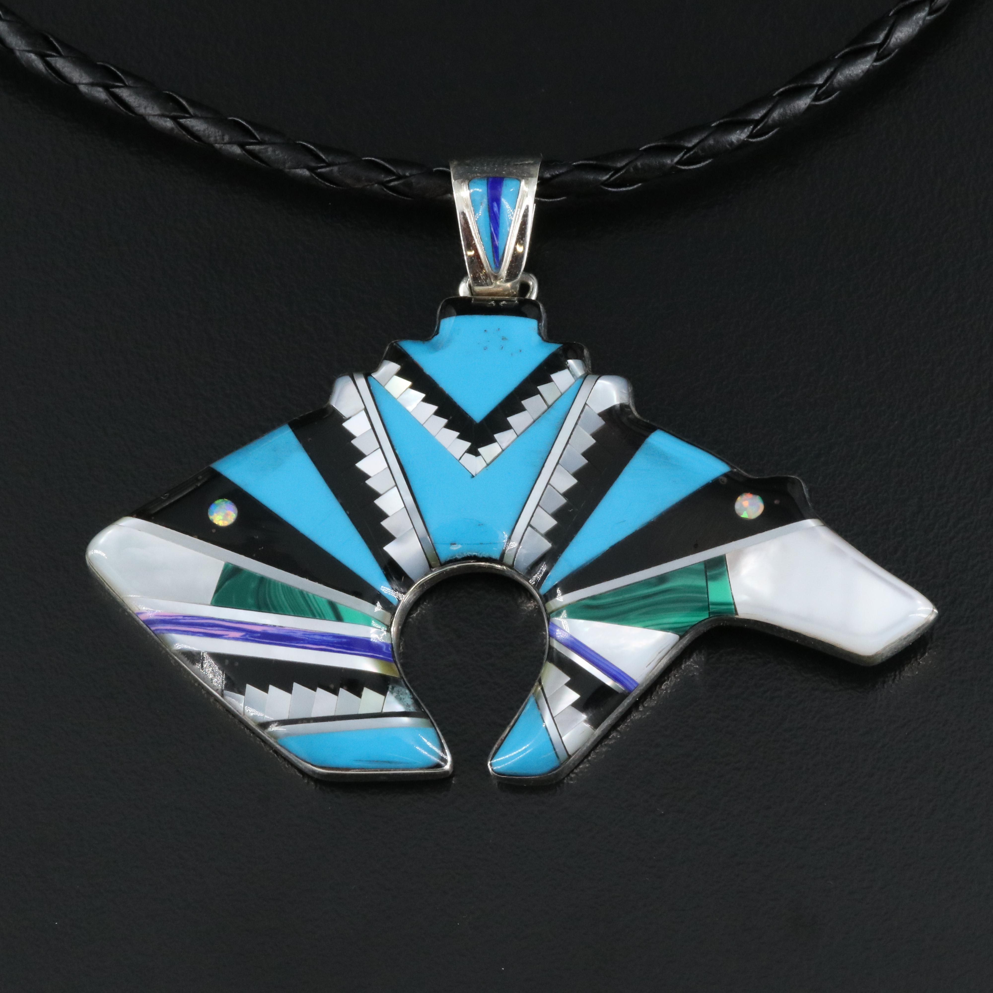 Western Sterling Spirit Bear Pendant Necklace with Inlay Gemstones