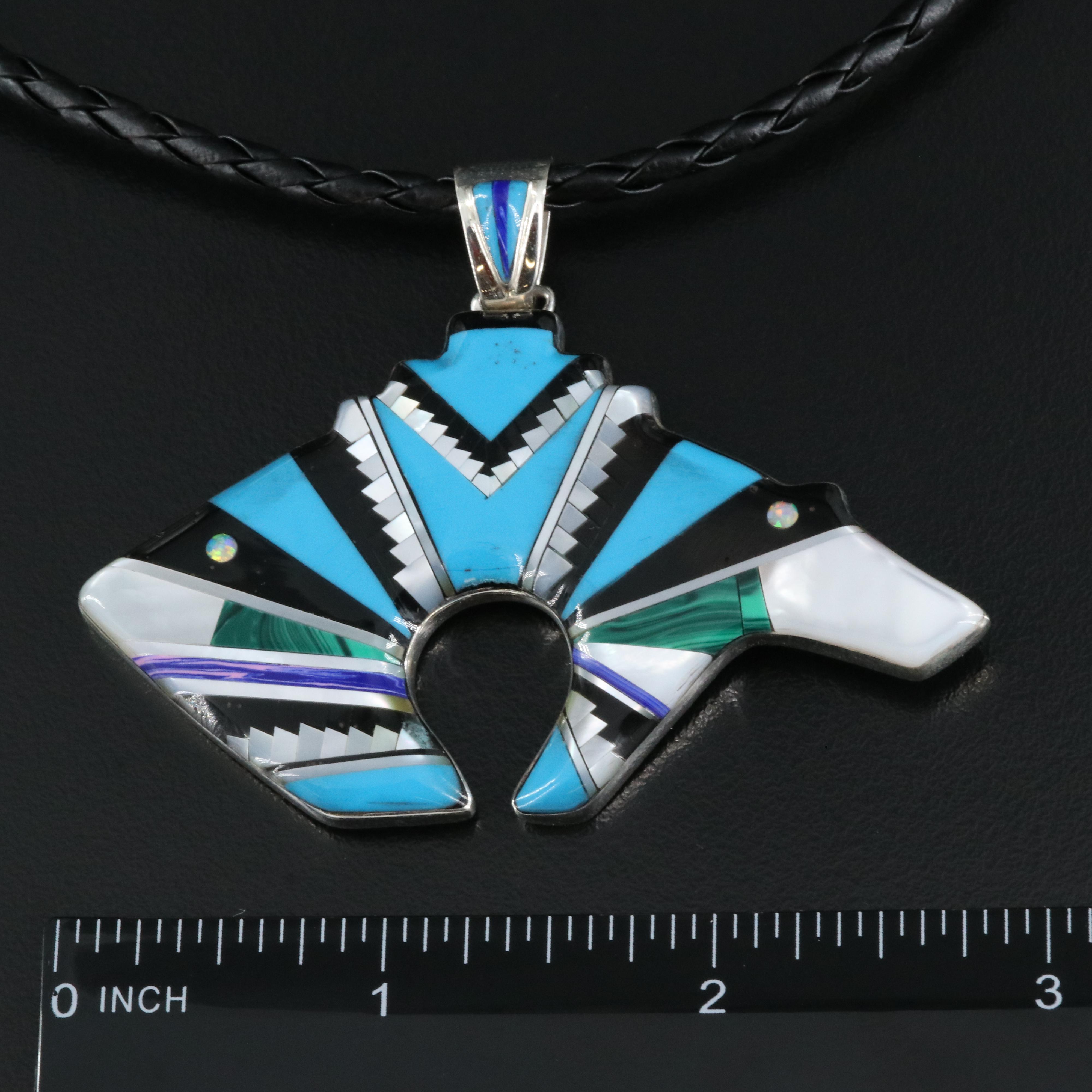 Western Sterling Spirit Bear Pendant Necklace with Inlay Gemstones