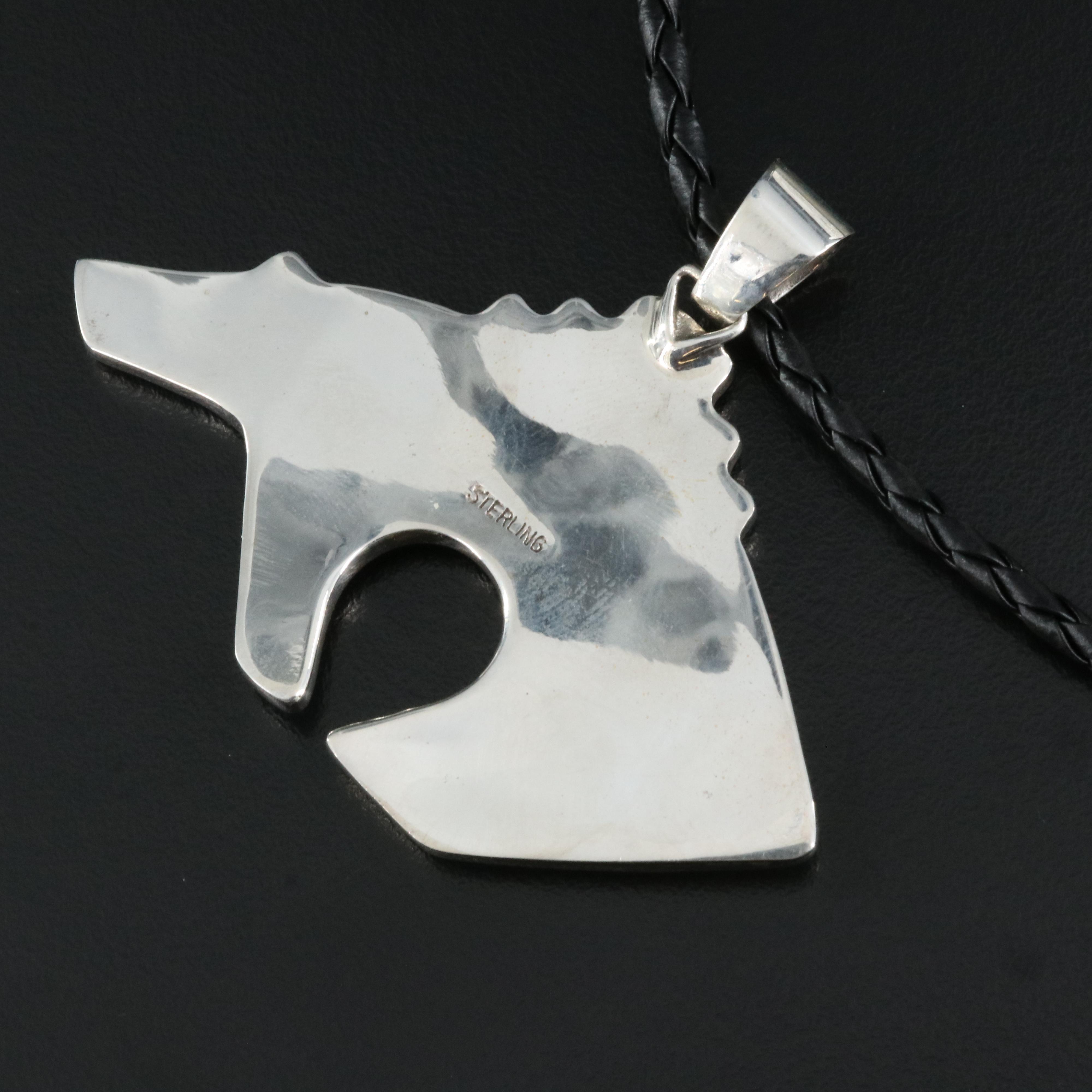 Western Sterling Spirit Bear Pendant Necklace with Inlay Gemstones