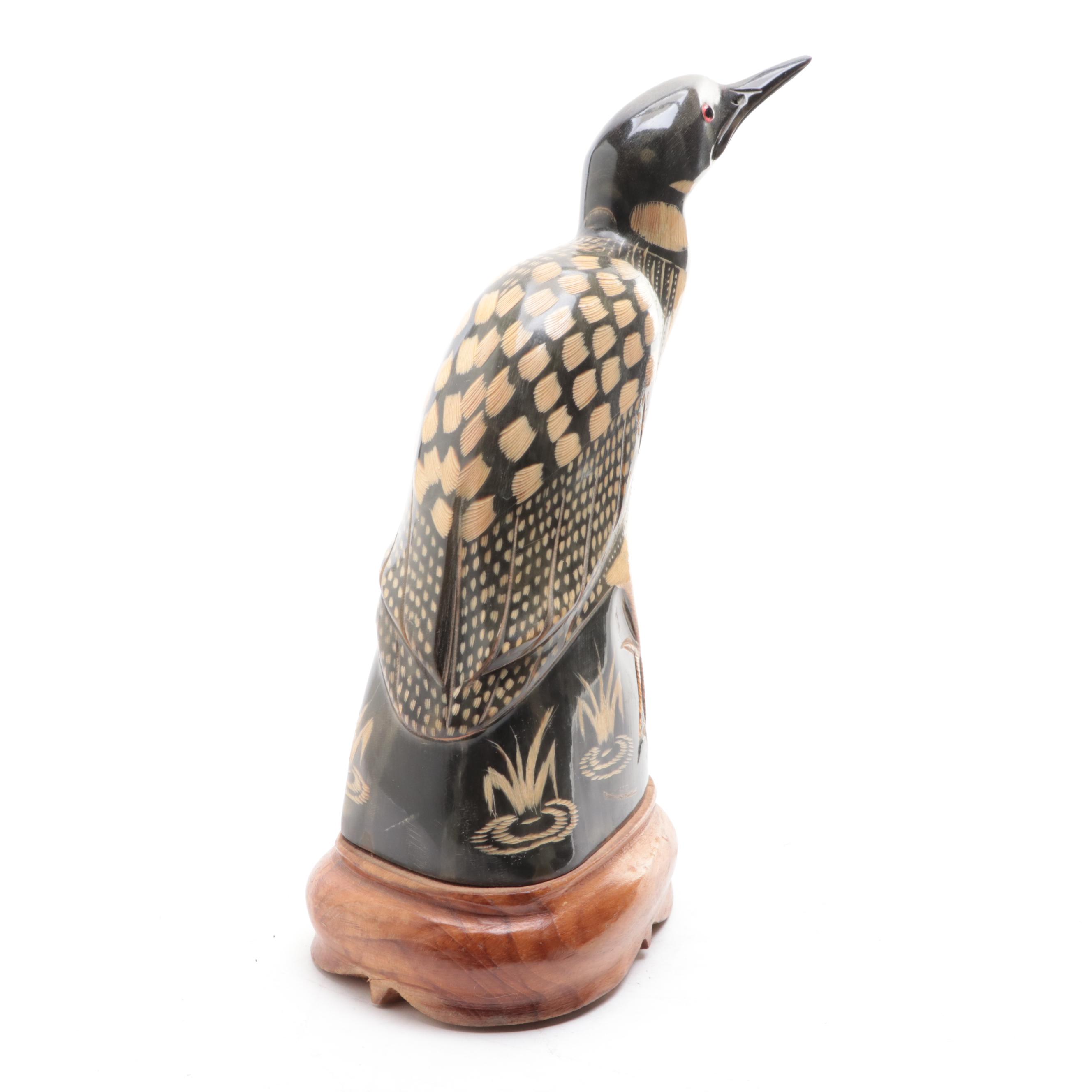 Thai Hand-Carved Horn Loon on Wood Stand