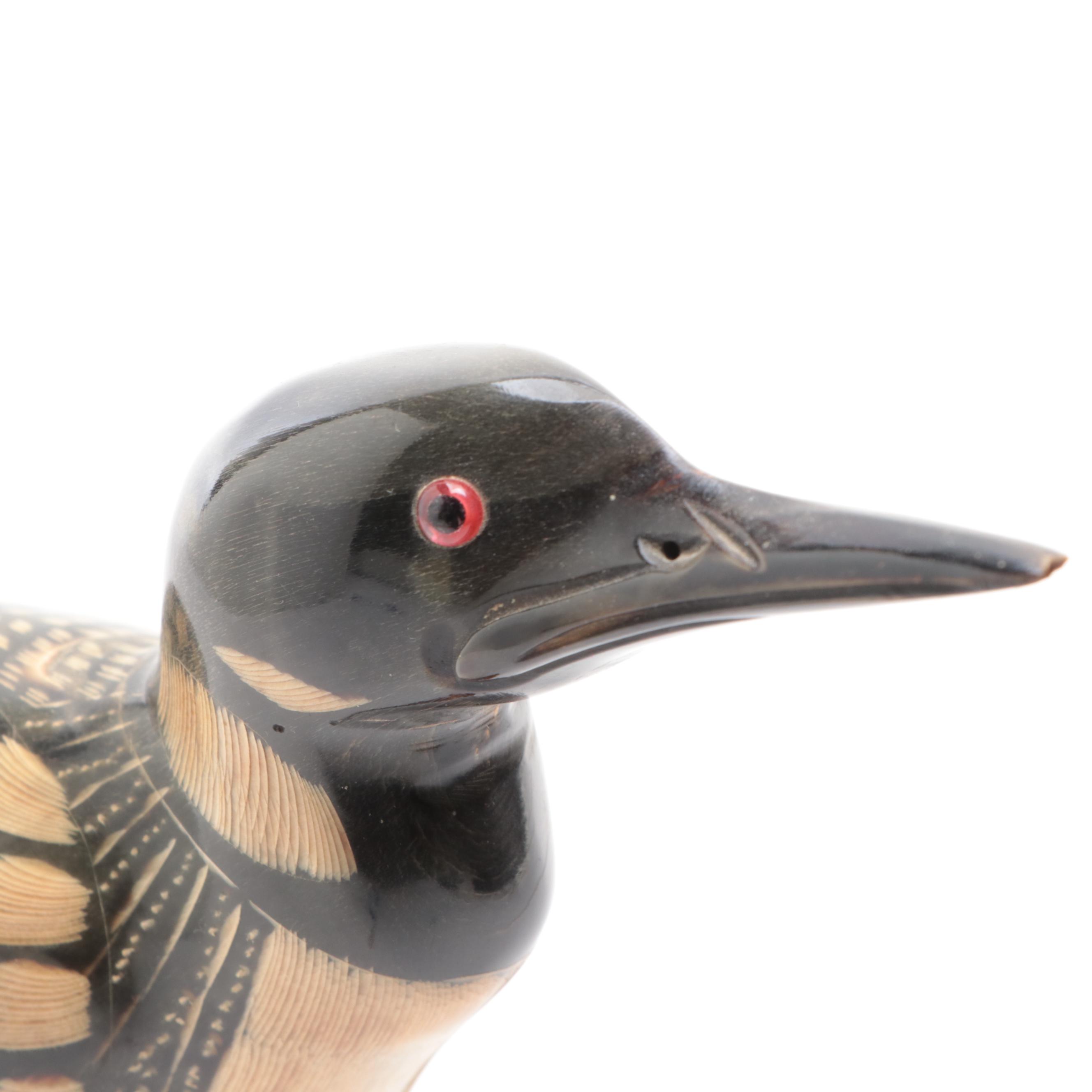 Thai Hand-Carved Horn Loon on Wood Stand