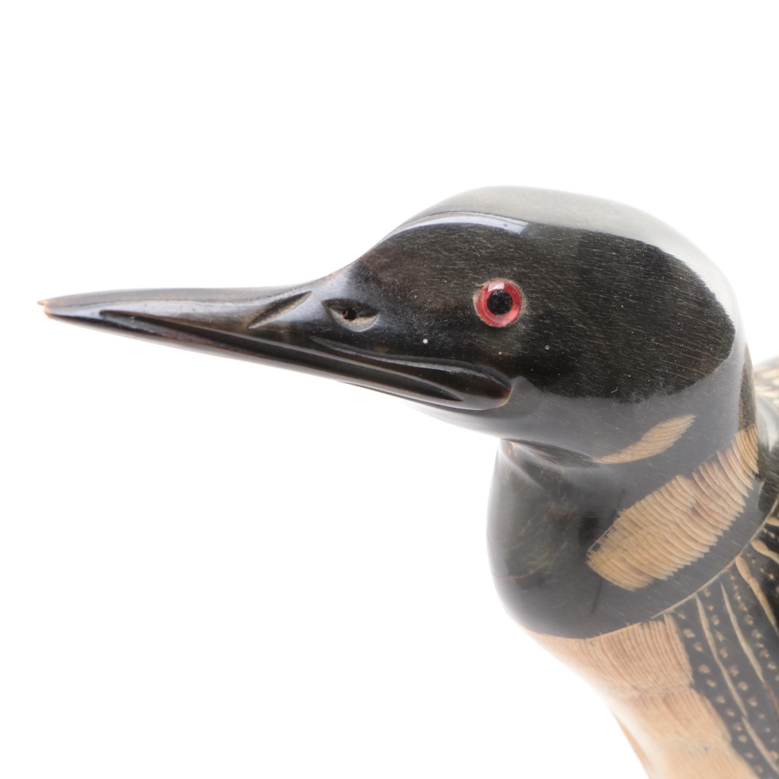 Thai Hand-Carved Horn Loon on Wood Stand