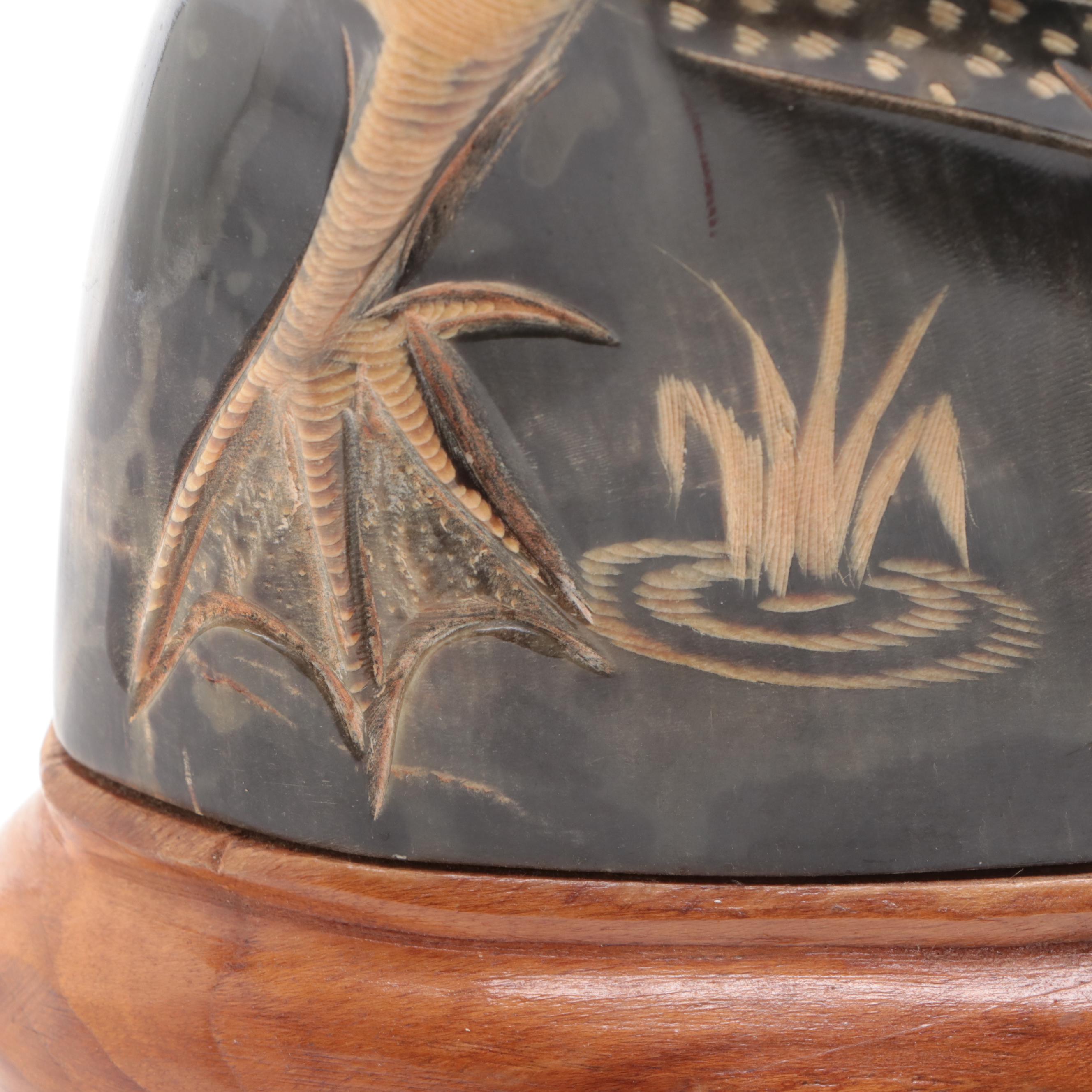 Thai Hand-Carved Horn Loon on Wood Stand