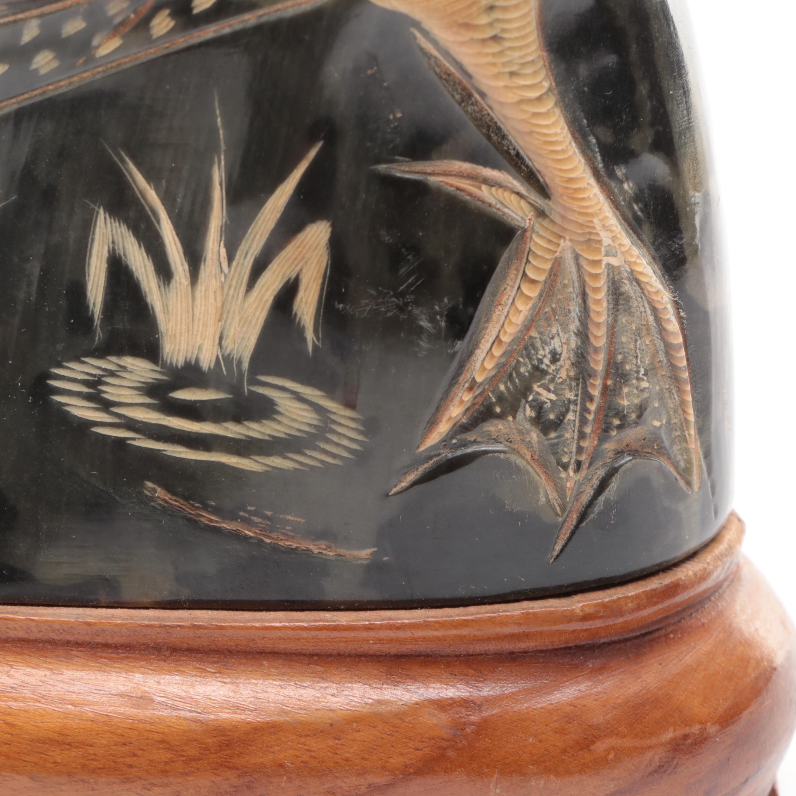 Thai Hand-Carved Horn Loon on Wood Stand