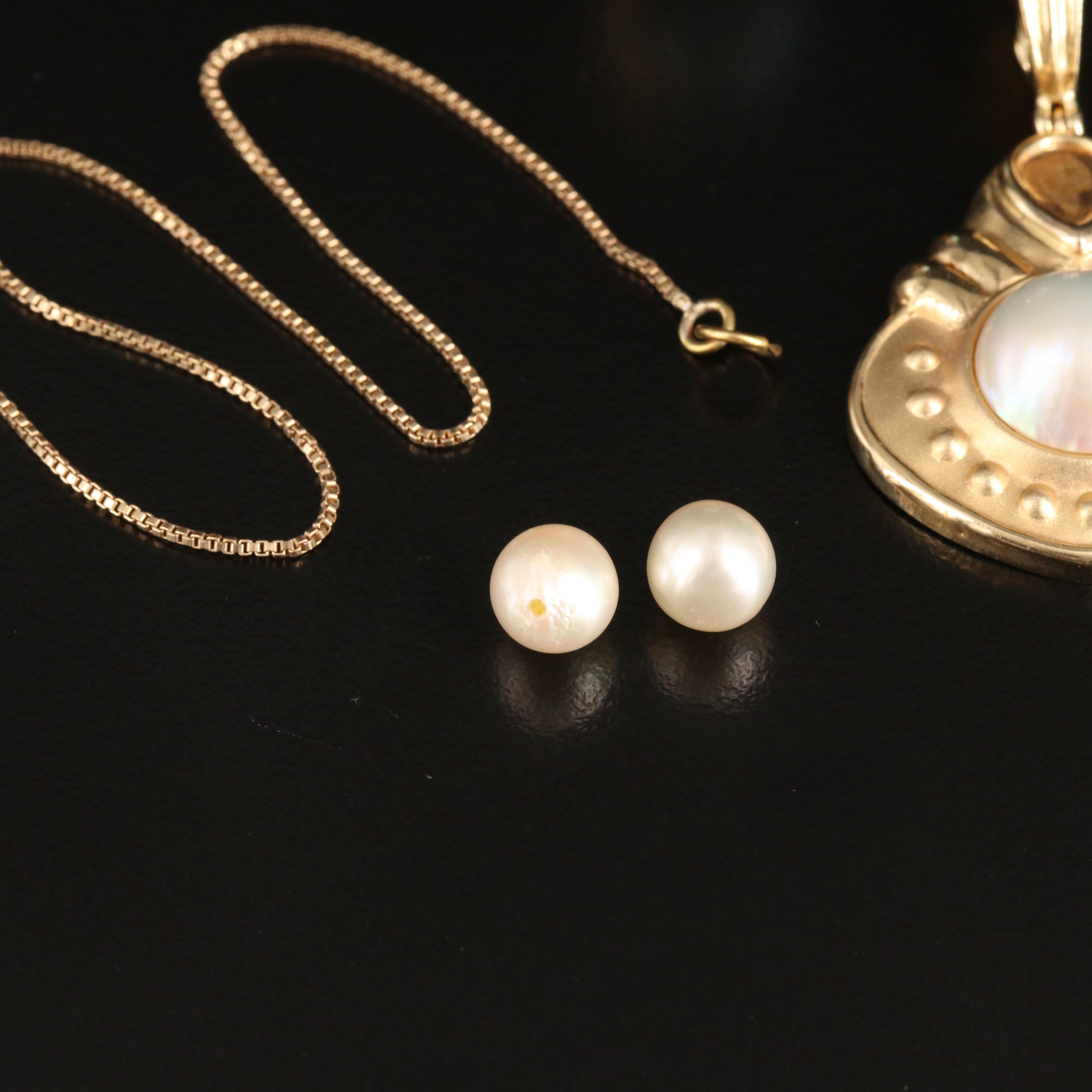 14K Enhancer Pendant, Globe Pendant, Scrap 10K Chain and Loose Pearls