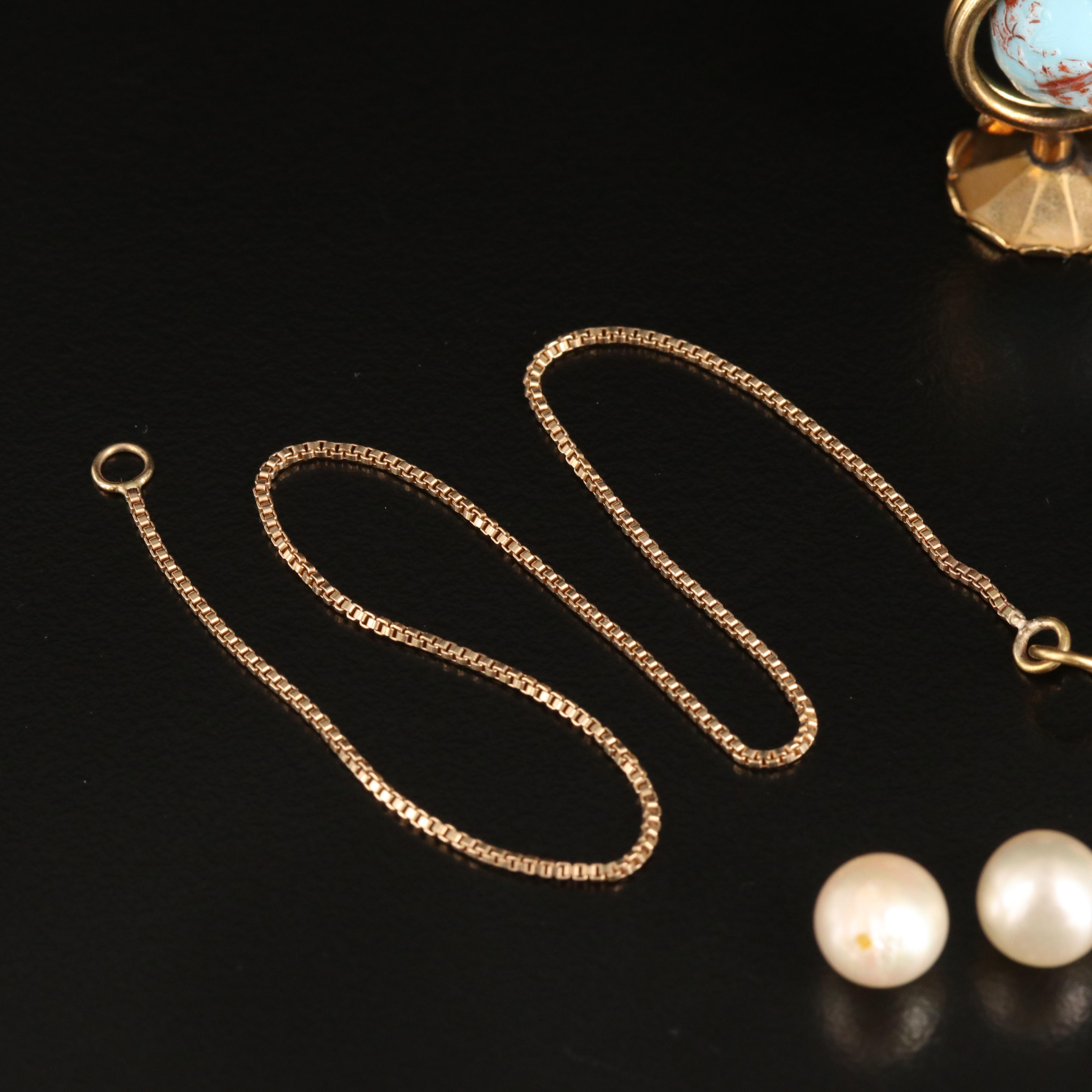 14K Enhancer Pendant, Globe Pendant, Scrap 10K Chain and Loose Pearls