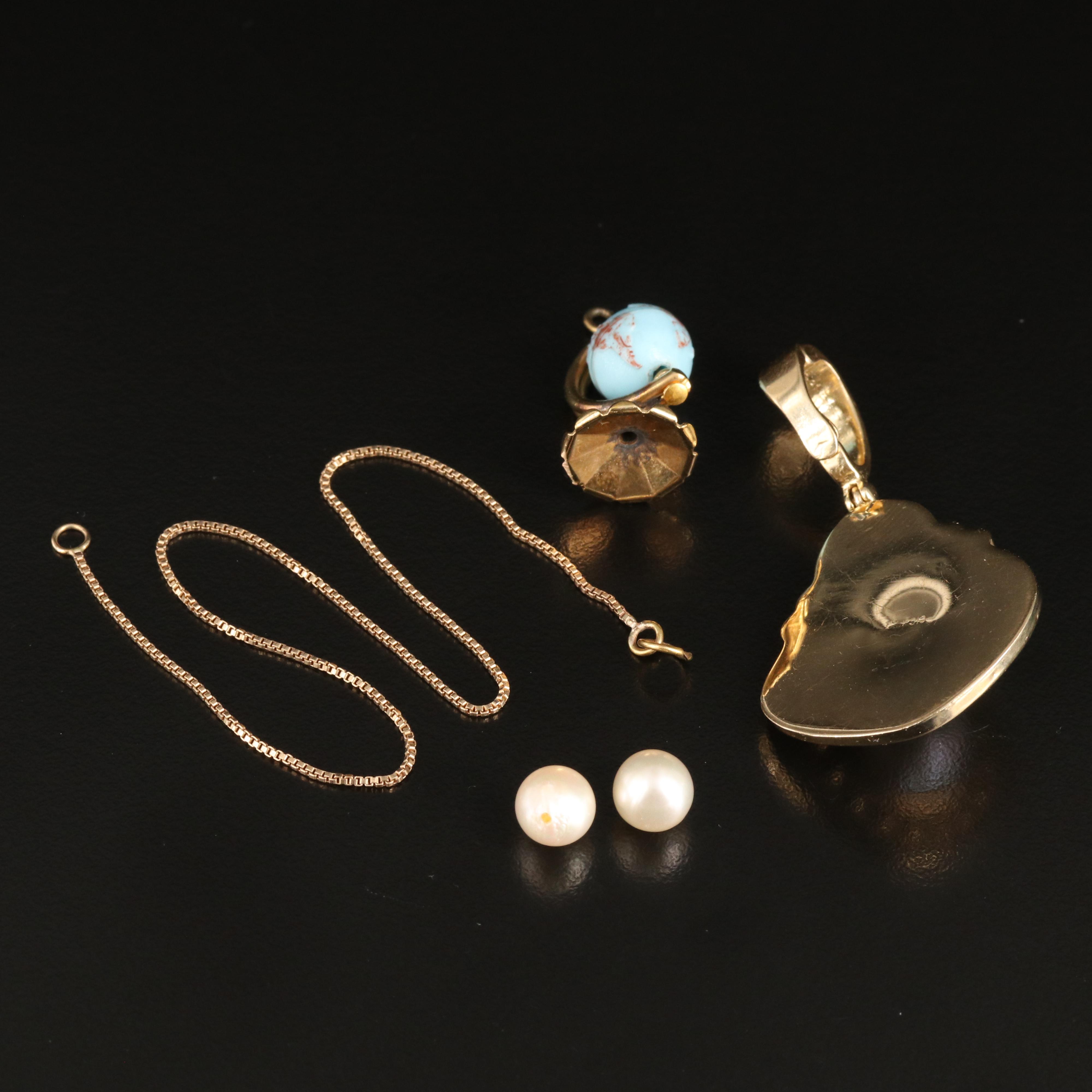 14K Enhancer Pendant, Globe Pendant, Scrap 10K Chain and Loose Pearls