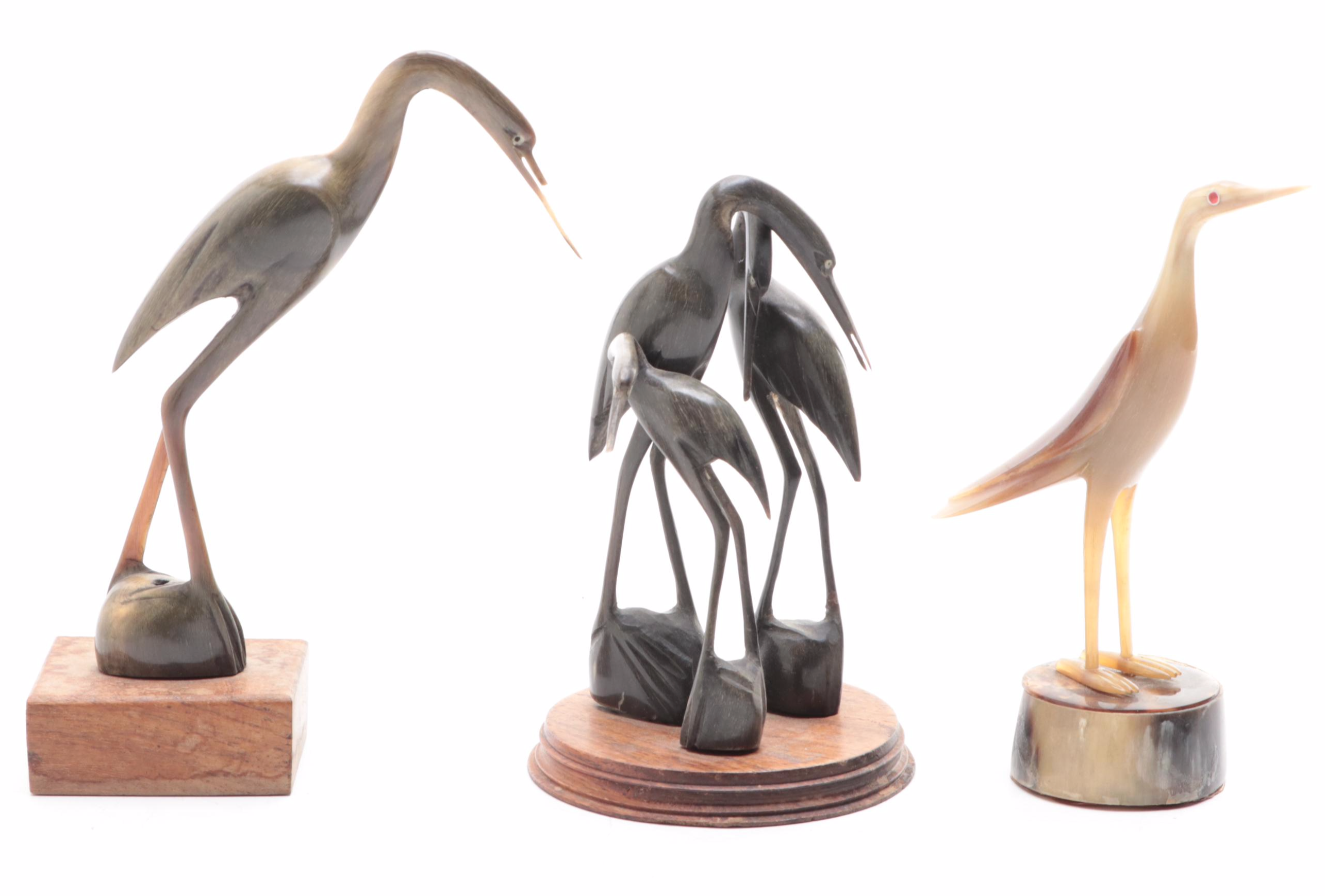 Hand-Carved Horn Stork and Heron Figurines