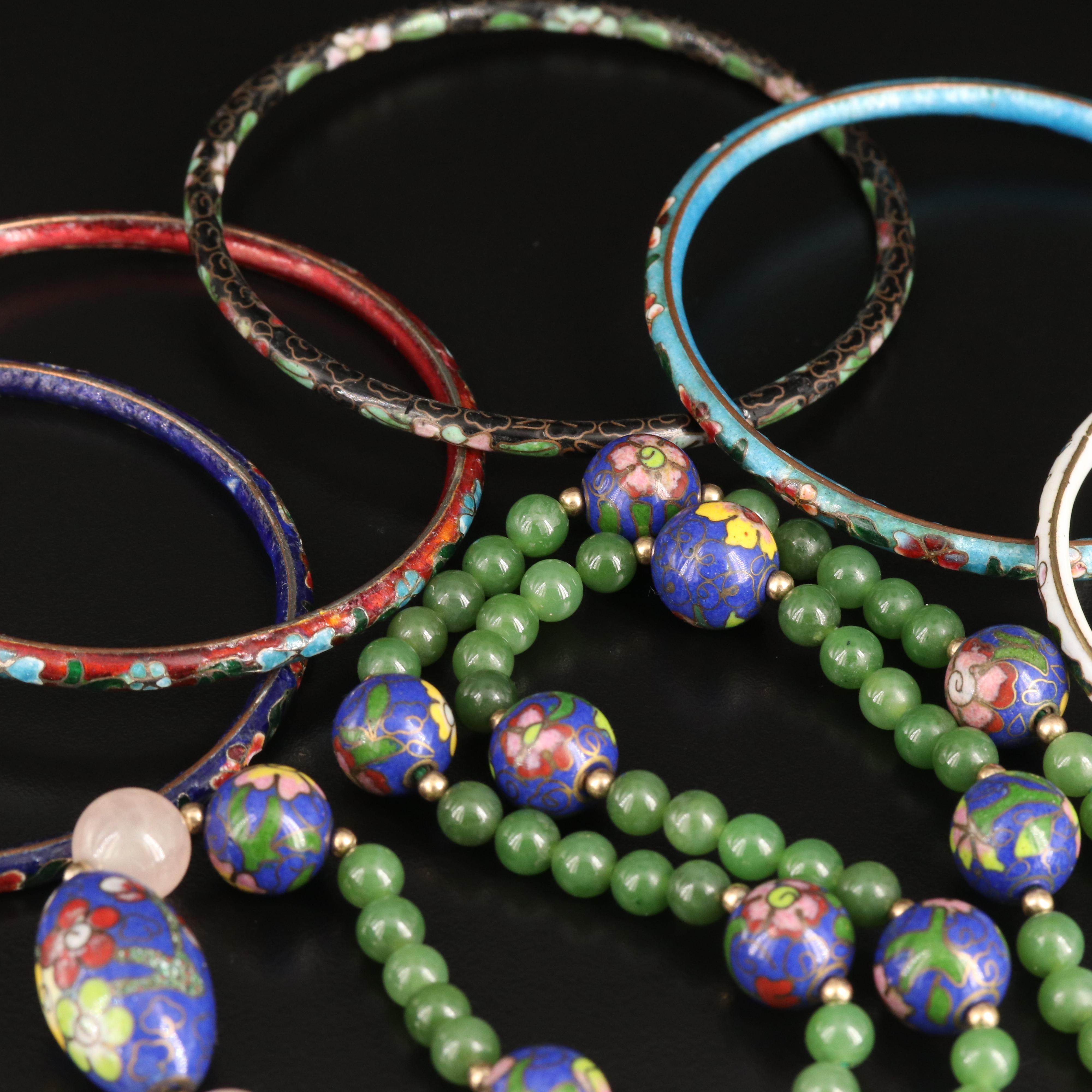 Cloisonné, Rose Quartz and Nephrite Featured in Vintage Jewelry