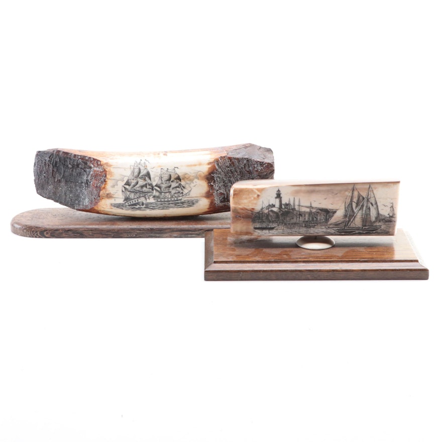 Fossilized Ivory Scrimshaw with Engraved Whaling Ship Scenes On Wood Stands